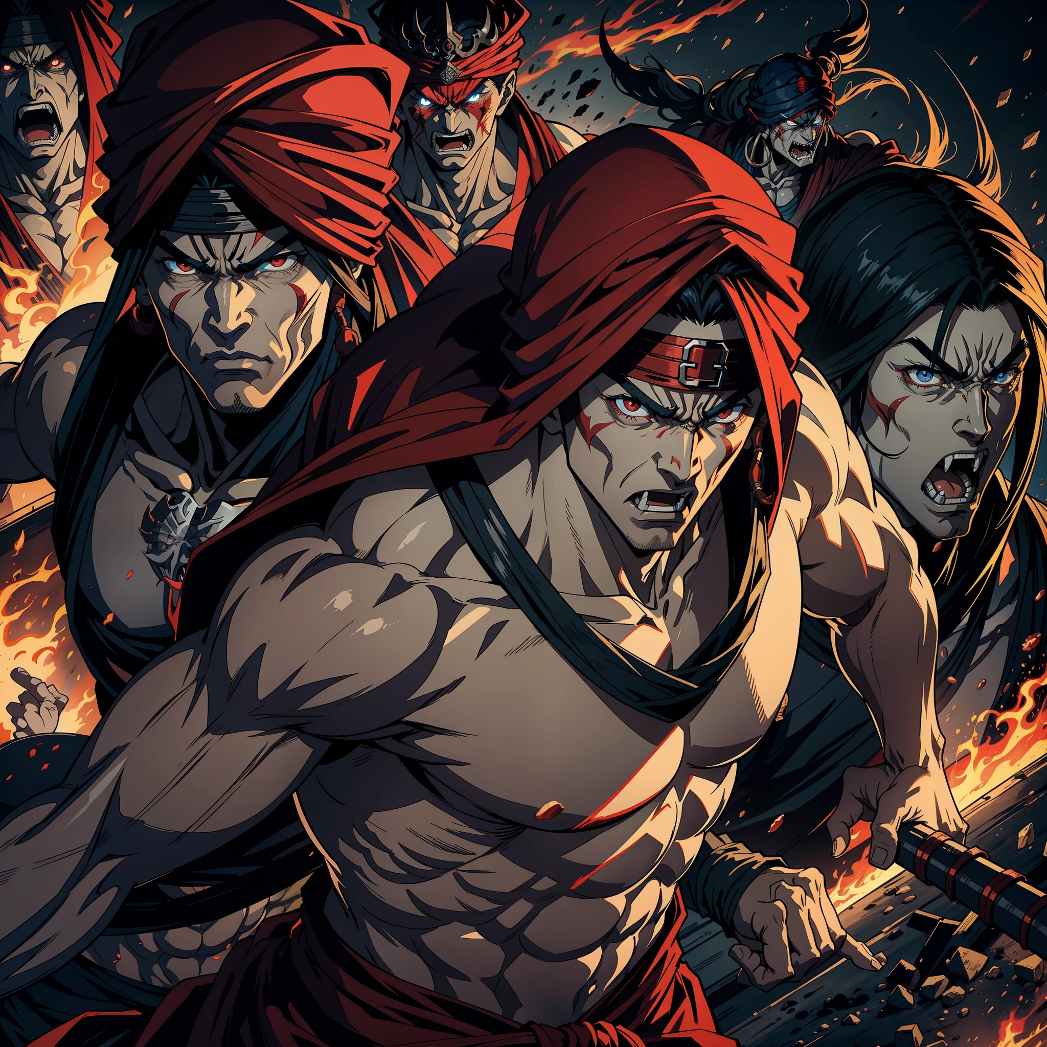 Red Turban Scary Face Hokuto No Ken Structure Muscular Face Kenshiro Leading Troops Army of Demons to Fight Sharp Details Cutscenes Epic Movie Hyper Realistic Legendary Movie Epic Movie Highly Detailed Faces Dramatic Characters