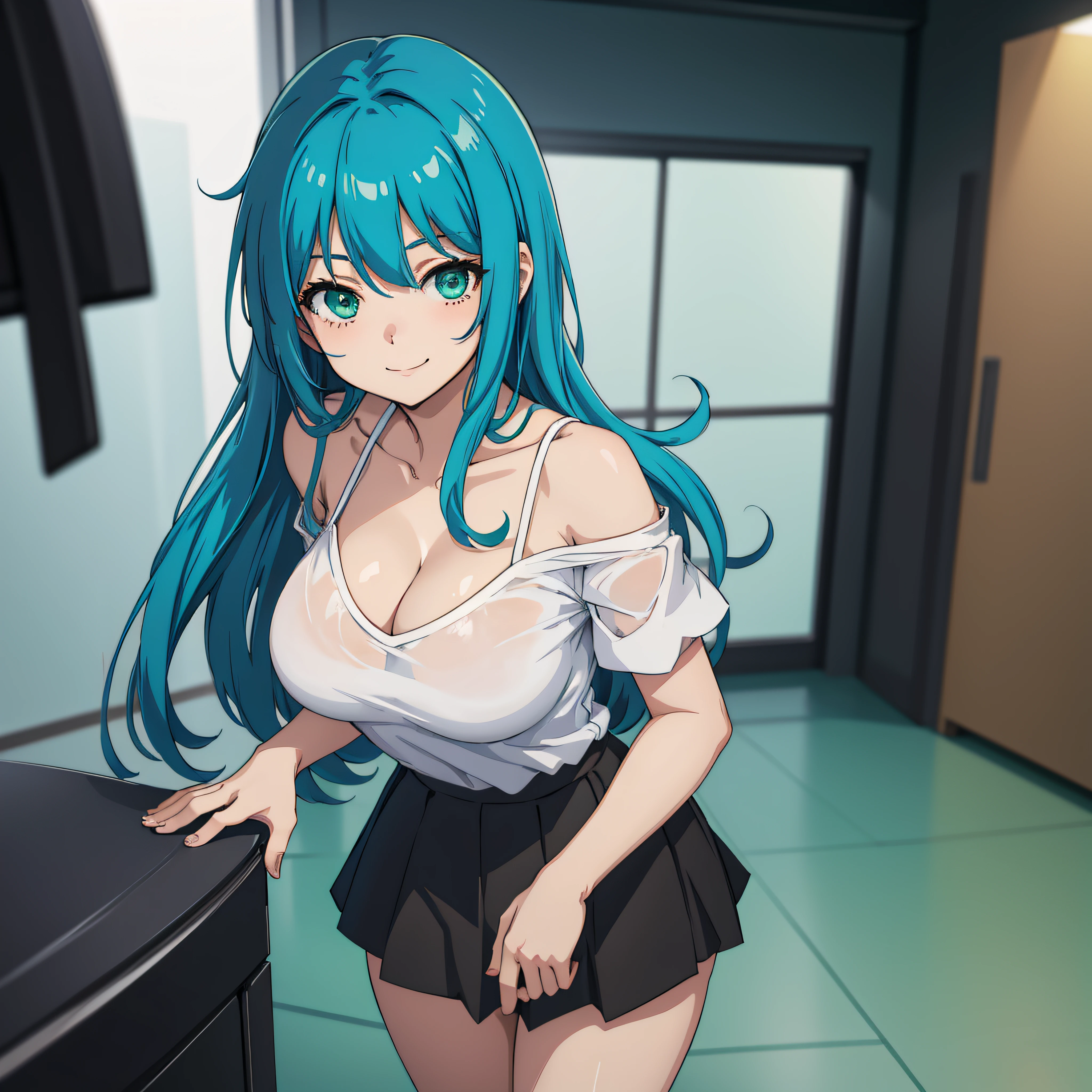 solo, 1girl, large breasts, standing, Anime girl smiles, blue hair, Messy hair, green eyes, Cute face, Girlfriend looks, White top, black short skirt, Around 20 years old, Human