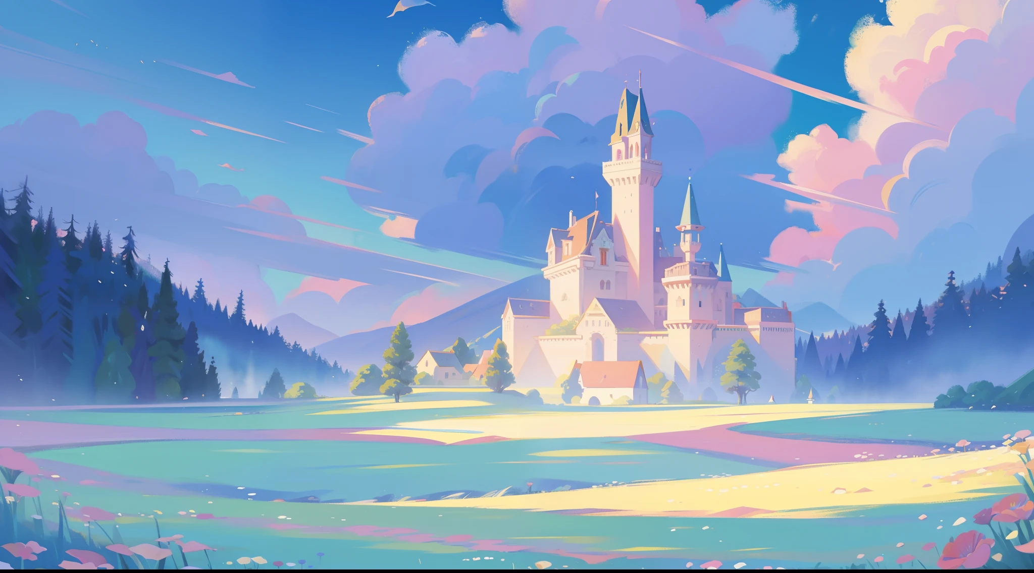 picture book illustration, watercolor storybook illustration, princess castle, fairytale castle, fairytale towers, clouds, vibrant pastel colors, dream, colorful, whimsical, magical, masterpiece, best quality, sharp focus, intricately detailed environment, fine detail, 8k resolution, otherworldly, fantasy architecture, flowers, trees, fields, village, houses, people