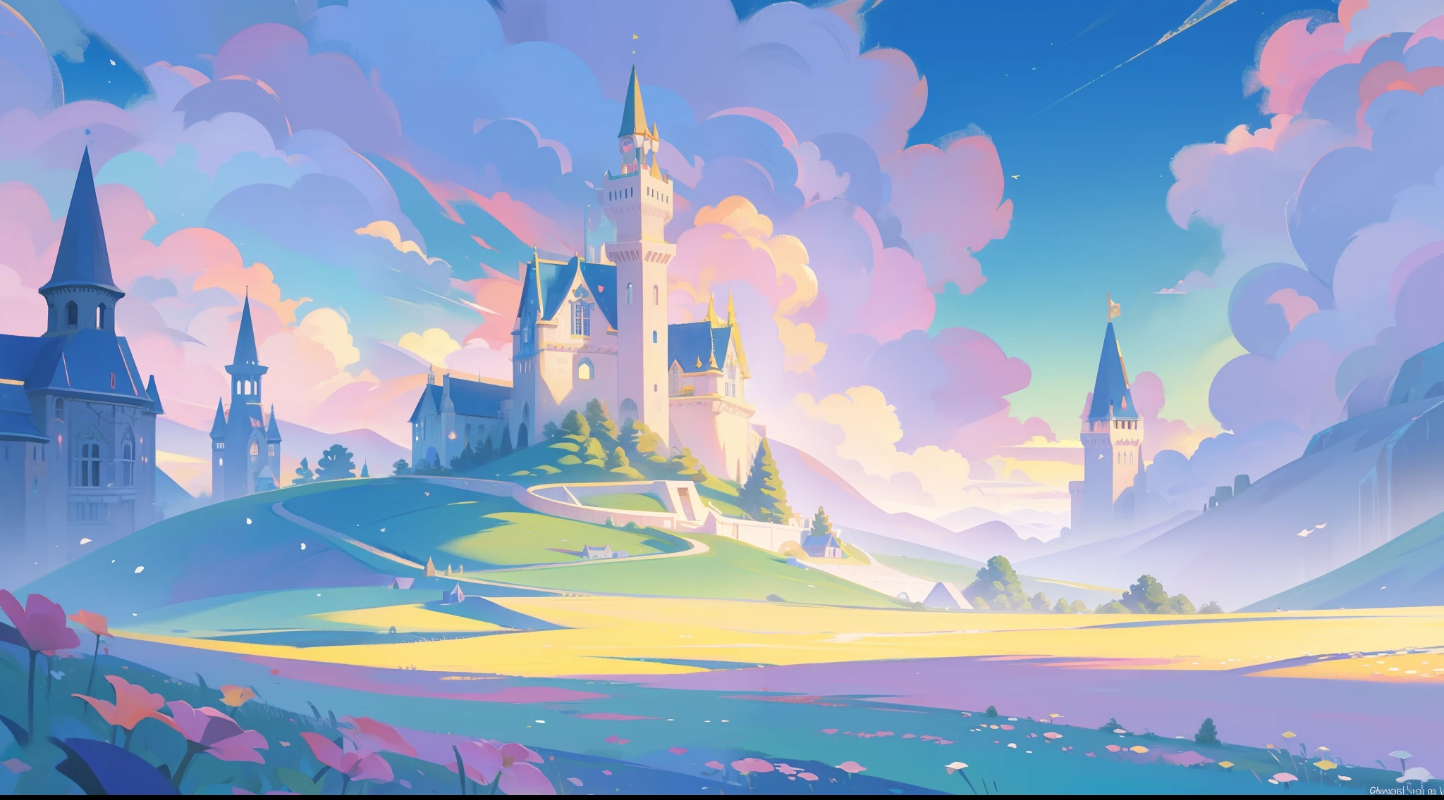 picture book illustration, watercolor storybook illustration, princess castle, fairytale castle, fairytale towers, clouds, vibrant pastel colors, dream, colorful, whimsical, magical, masterpiece, best quality, sharp focus, intricately detailed environment, fine detail, 8k resolution, otherworldly, fantasy architecture, flowers, trees, fields, village, houses, people