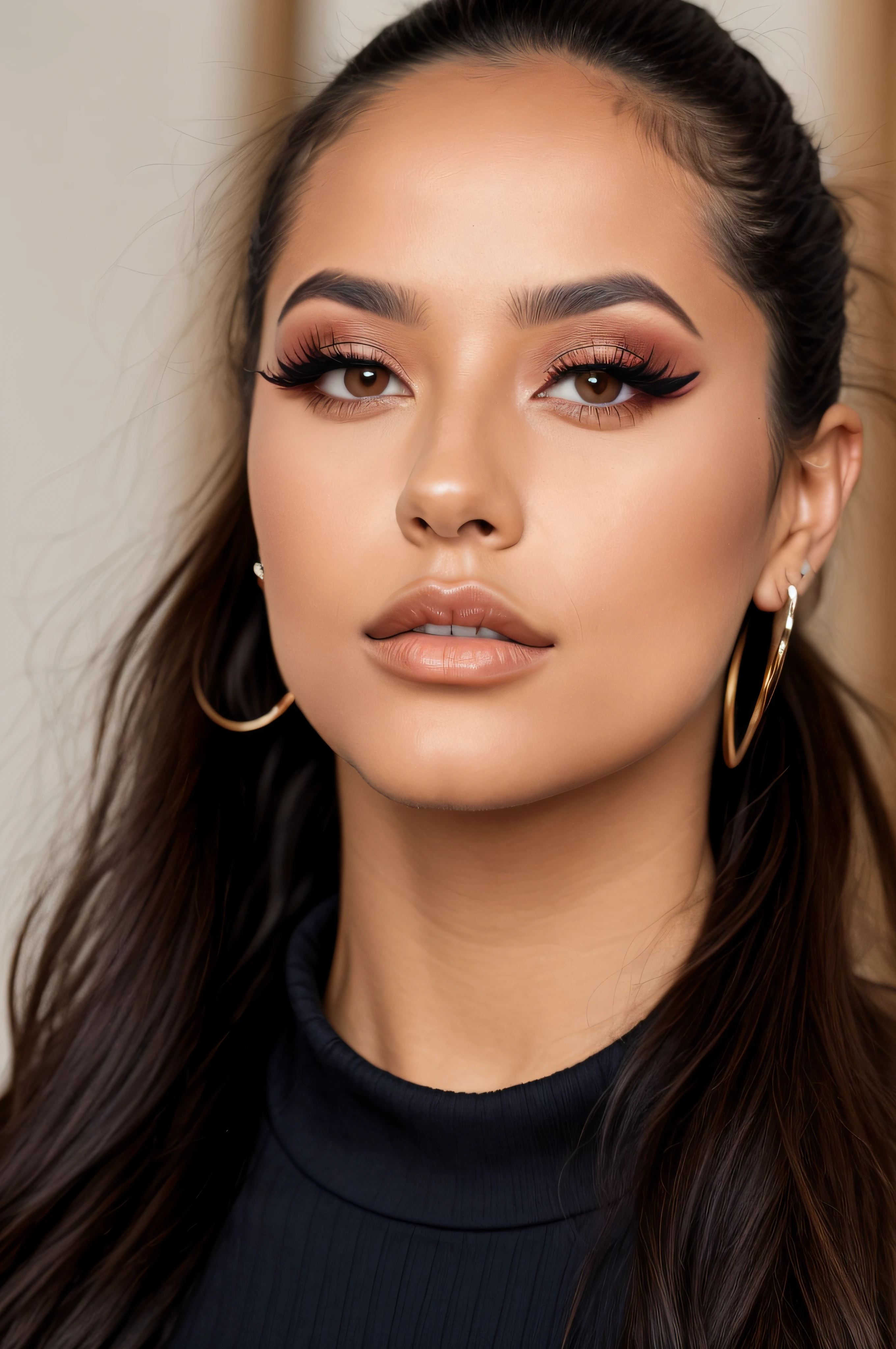 B3ckyG, a photo of a woman, outside, extreme close up portrait, detailed eyes, detailed skin, wearing a turtleneck shirt, eyeliner, eyeshadow, mascara, long ponytail, looking away from viewer