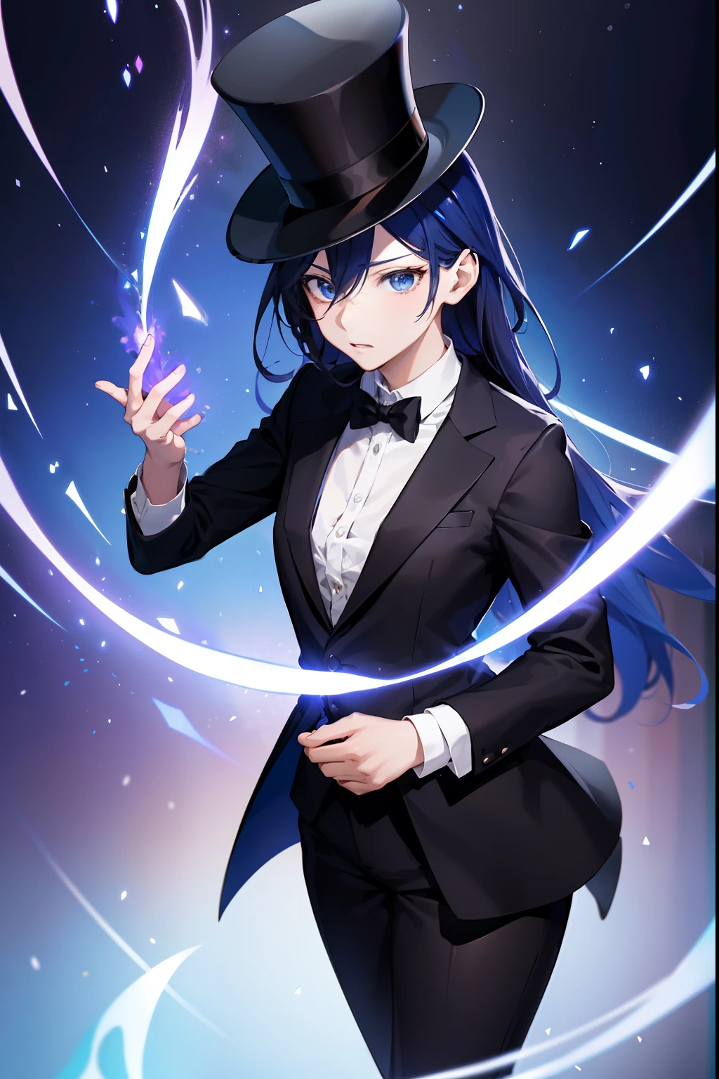 Anime character dressed in tuxedo and top hat with a magic wand, Maga Feminina, Marin Kitagawa Fanart, magica, anime moe artstyle, Preto - Mago Cabelo, magic uniform, KDA, arte oficial do personagem, Impacto de Ayaka Genshin, Retrato completo do elementalista, Mago Celestial Lindo, arte oficial, magia de elenco de bruxa de anime de paquera, de arknights