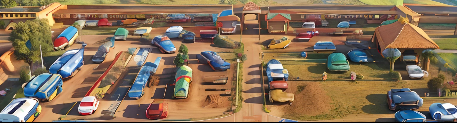 carros estacionados em um lote com uma grande tenda branca e uma bandeira, foto tirada de cima, Aerial photo Alto, in a courtyard with a dirt floor, birdseye view, visto de cima, Foto de cima, carros no estilo disney pixar