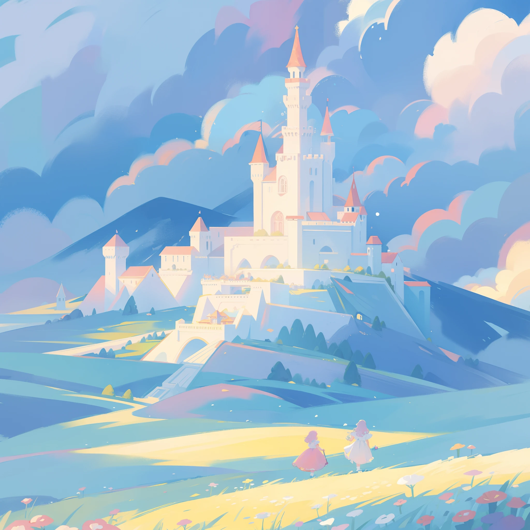 picture book illustration, watercolor storybook illustration, princess castle, fairytale castle, fairytale towers, clouds, vibrant pastel colors, dream, colorful, whimsical, magical, masterpiece, best quality, sharp focus, intricately detailed environment, fine detail, 8k resolution