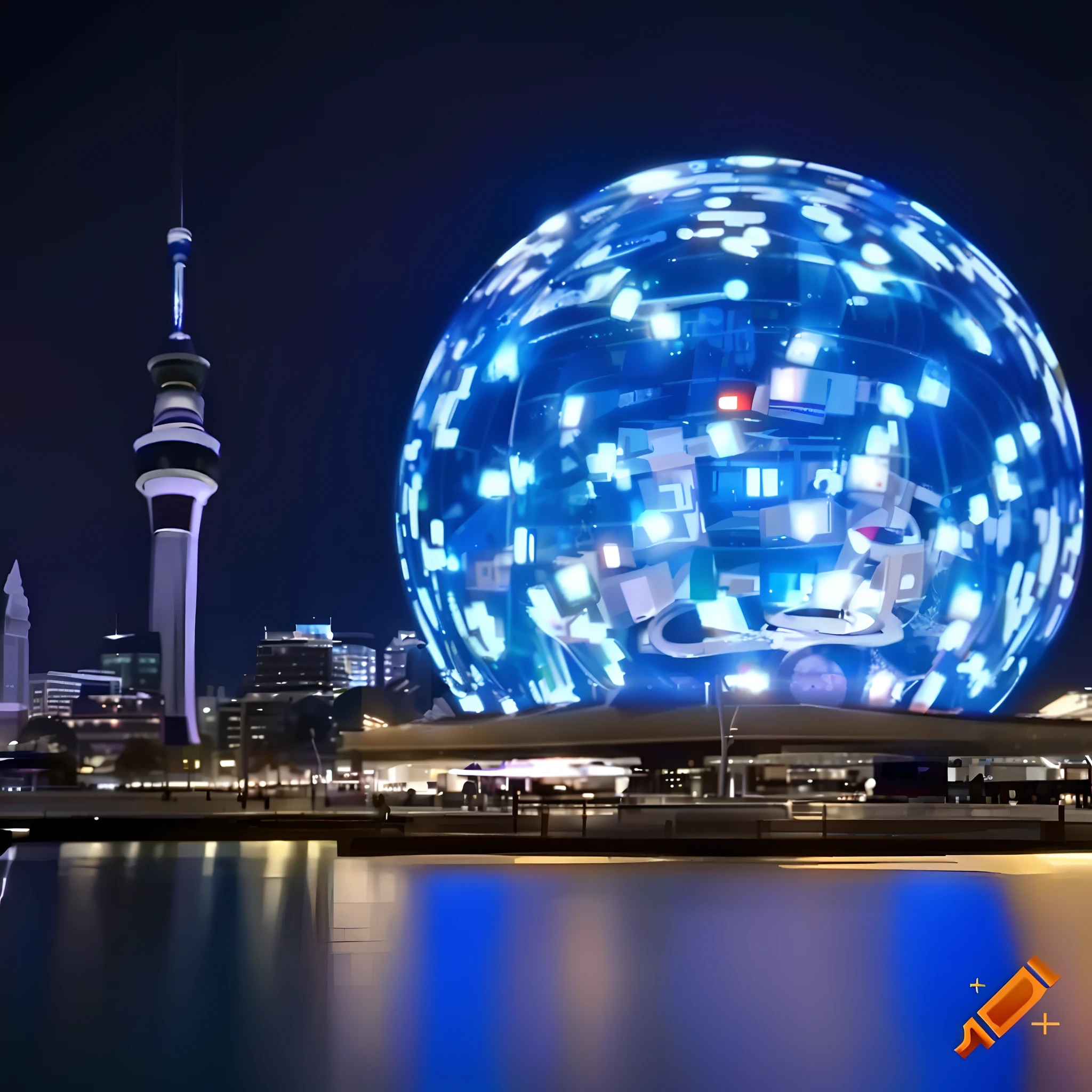Giant LED sphere with the PlayStation logo in the middle of a square in the city of Auckland.