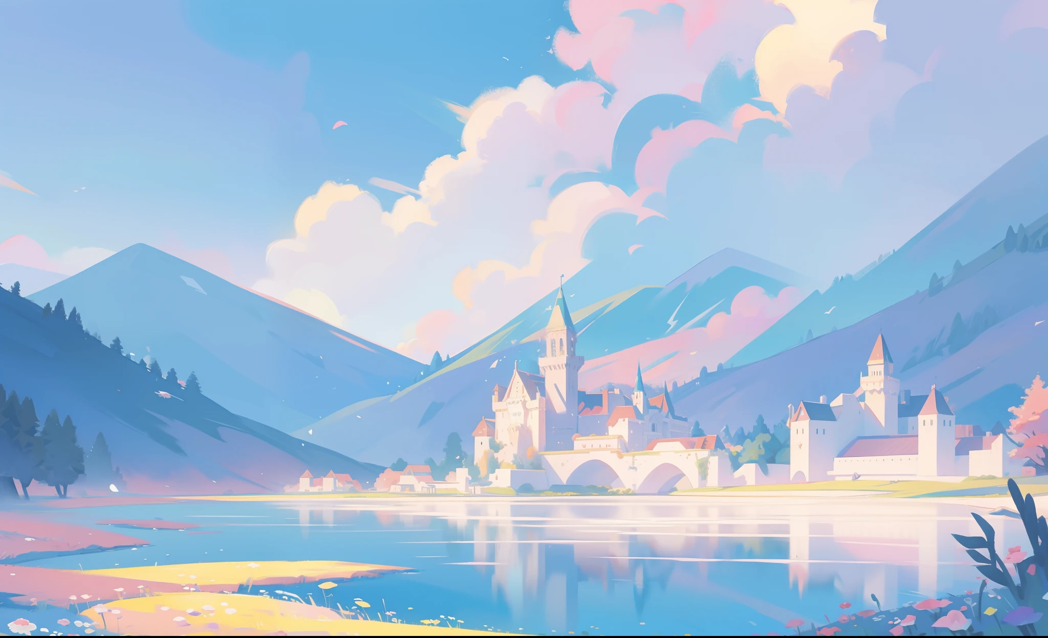 picture book illustration, watercolor storybook illustration, princess castle, fairytale castle, fairytale towers, clouds, vibrant pastel colors, dream, colorful, whimsical, magical, masterpiece, best quality, sharp focus, intricately detailed environment, fine detail, 8k resolution