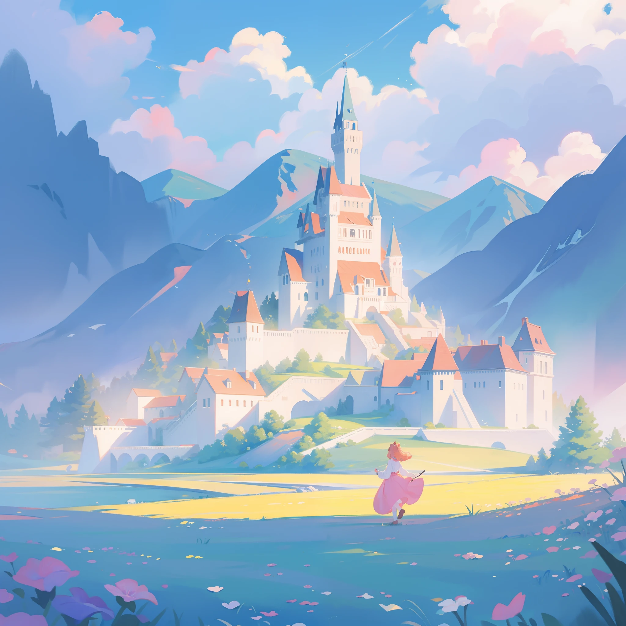 picture book illustration, watercolor storybook illustration, princess castle, fairytale castle, fairytale towers, clouds, vibrant pastel colors, dream, colorful, whimsical, magical, masterpiece, best quality, sharp focus, intricately detailed environment, fine detail, 8k resolution