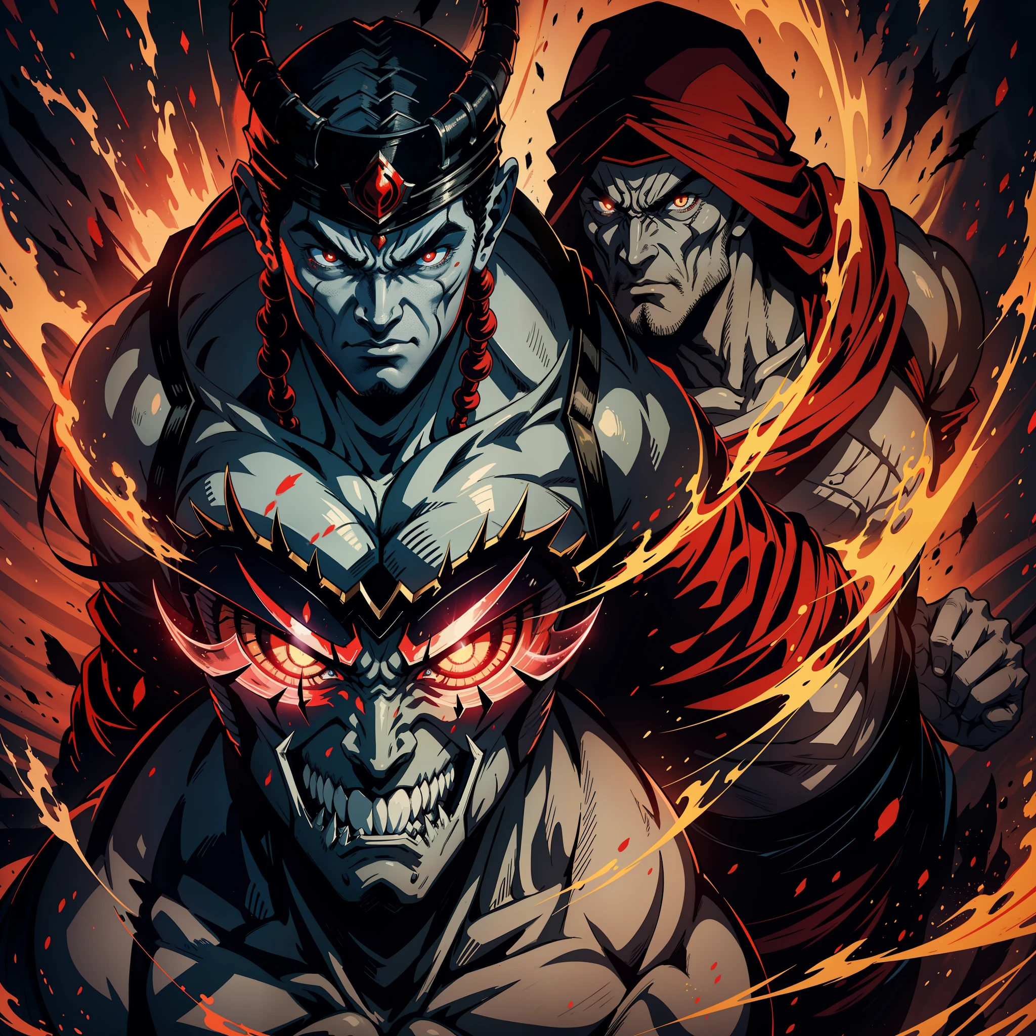 Red Turban Armor Islamic Wear Scary Face Hokuto No Ken Structure Muscular Face Kenshiro Leading Troops Army of Demons to Fight Sharp Details Cutscenes Epic Movie Hyper Realistic Legendary Movie Epic Movie Highly Detailed Faces Dramatic Characters