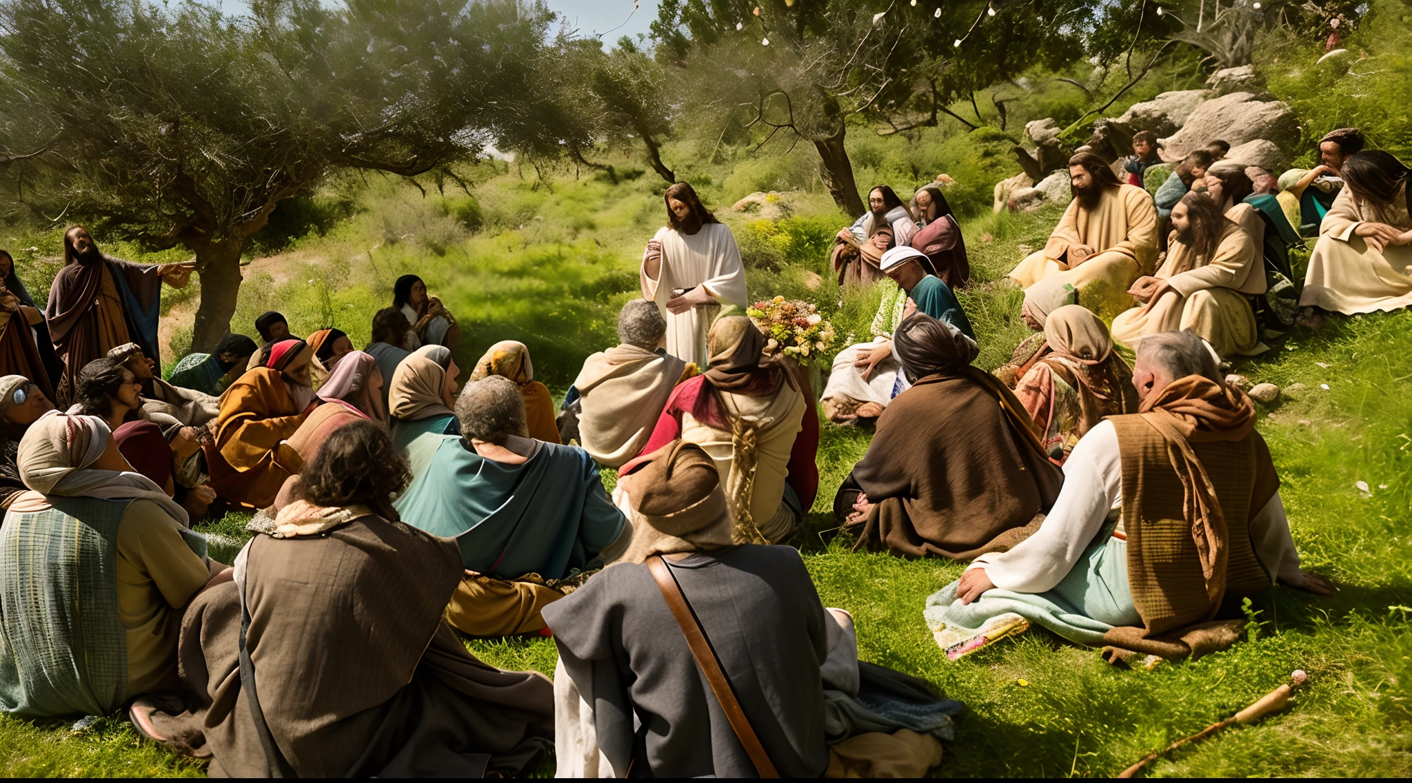 Modern Portrait Of Jesus Surrounded By Crowd, cinematic lighthing, profundidade de campo, Bokeh, Realismo, fotorrealista, hiper-realismo, fotografia profissional, UHD, DSLR, HDR