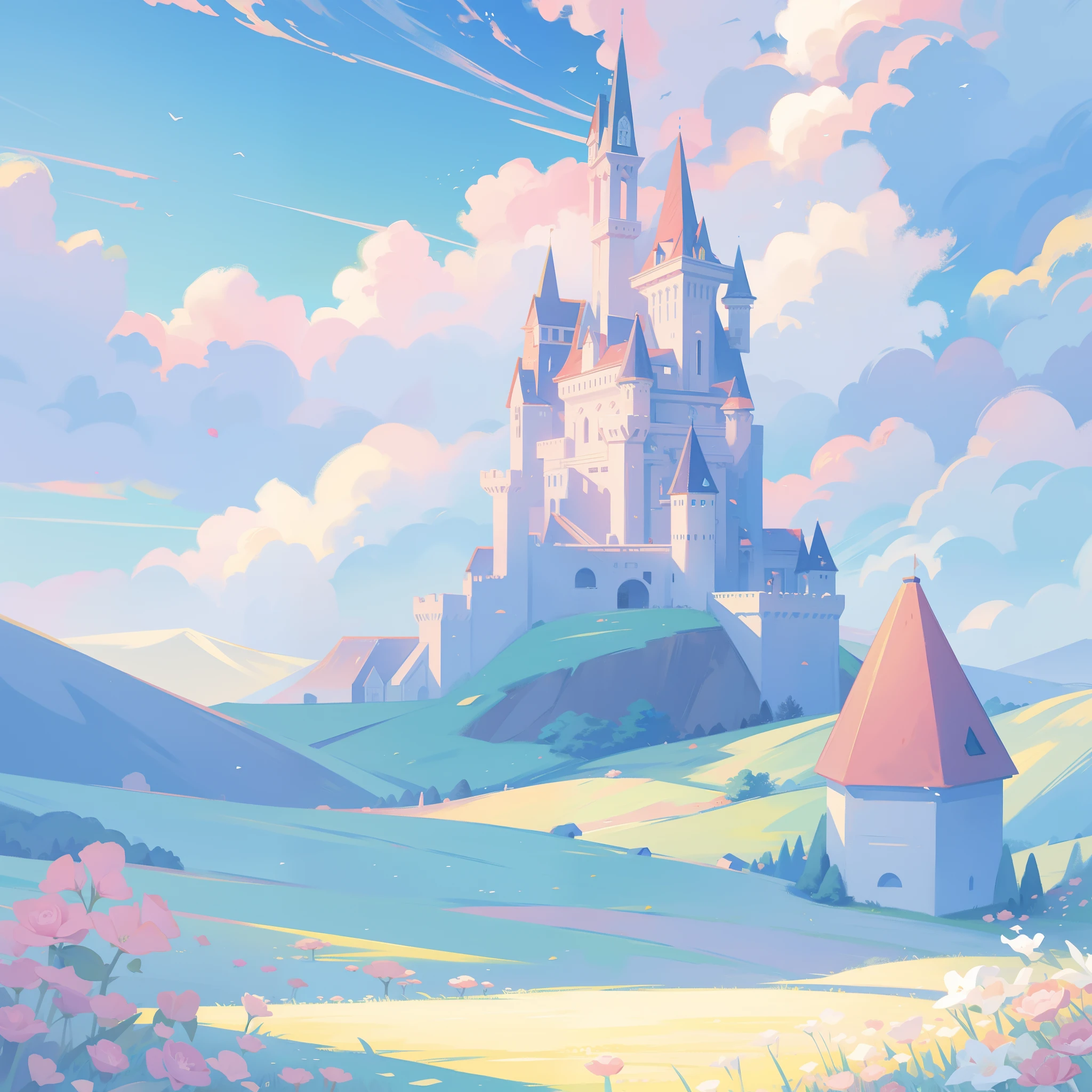 picture book illustration, watercolor storybook illustration, princess castle, fairytale castle, fairytale towers, clouds, vibrant pastel colors, dream, colorful, whimsical, magical, masterpiece, best quality, sharp focus, intricately detailed environment, fine detail, 8k resolution