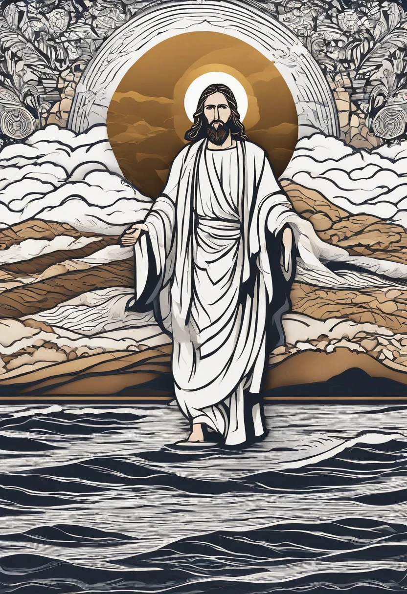 Jesus walking on the waters of the Jordan River, corpo inteiro, estilo barroco, (master part, melhor qualidade, alta qualidade, Altas, ultra-detalhado),