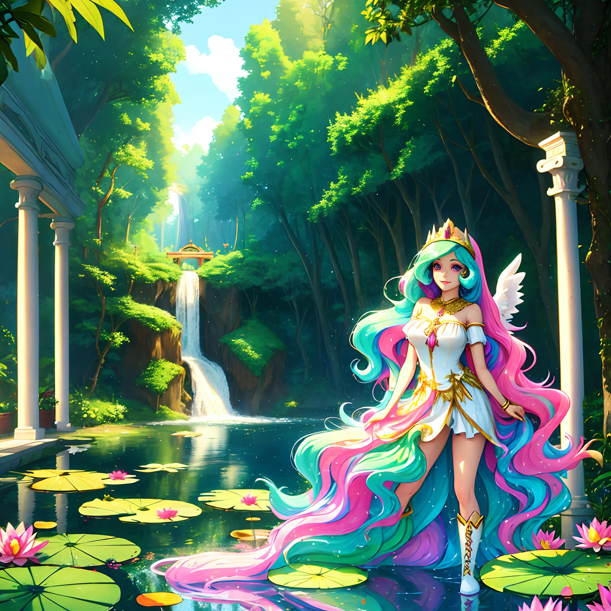 Celestia, celestia from my little pony, celestia in the form of a girl, long wavy hair, pink eyes, lush breast, greek columns, outside, beautiful majestic forest, vine leafs surrounding the columns, bush of flowers everywhere, wear a white goddess dress, knee high boot, white angelic wings, white pony ears, clear sky, bright sunny day, water fall, river, water reflection, lily pads, heavenly forest, long beautiful greek dress
