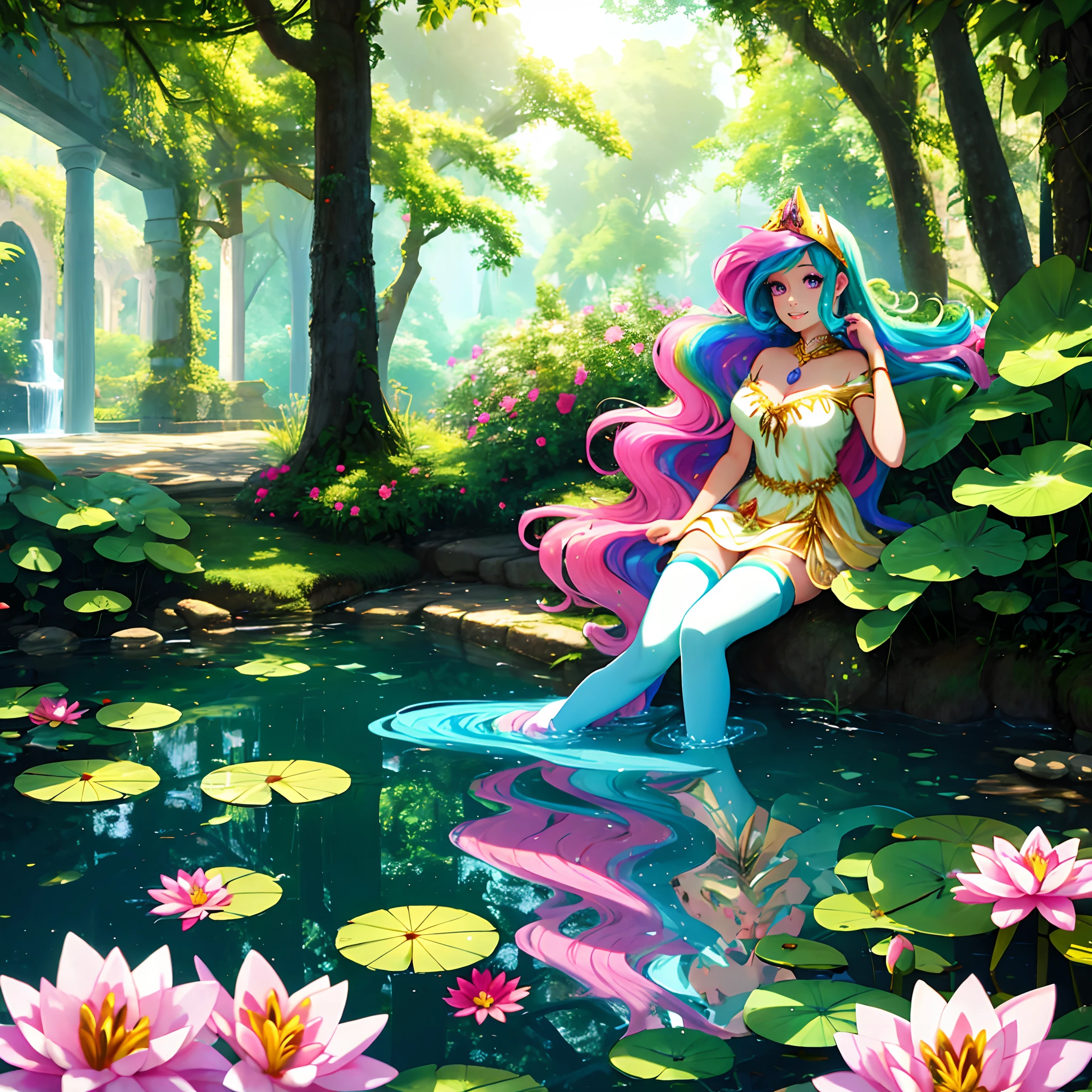 Celestia, celestia from my little pony, celestia in the form of a girl, long wavy hair, pink eyes, lush breast, greek columns, outside, beautiful majestic forest, vine leafs surrounding the columns, bush of flowers everywhere, wear a white goddess dress, knee high boot, white angelic wings, white pony ears, clear sky, bright sunny day, water fall, river, water reflection, lily pads, heavenly forest, long beautiful greek dress