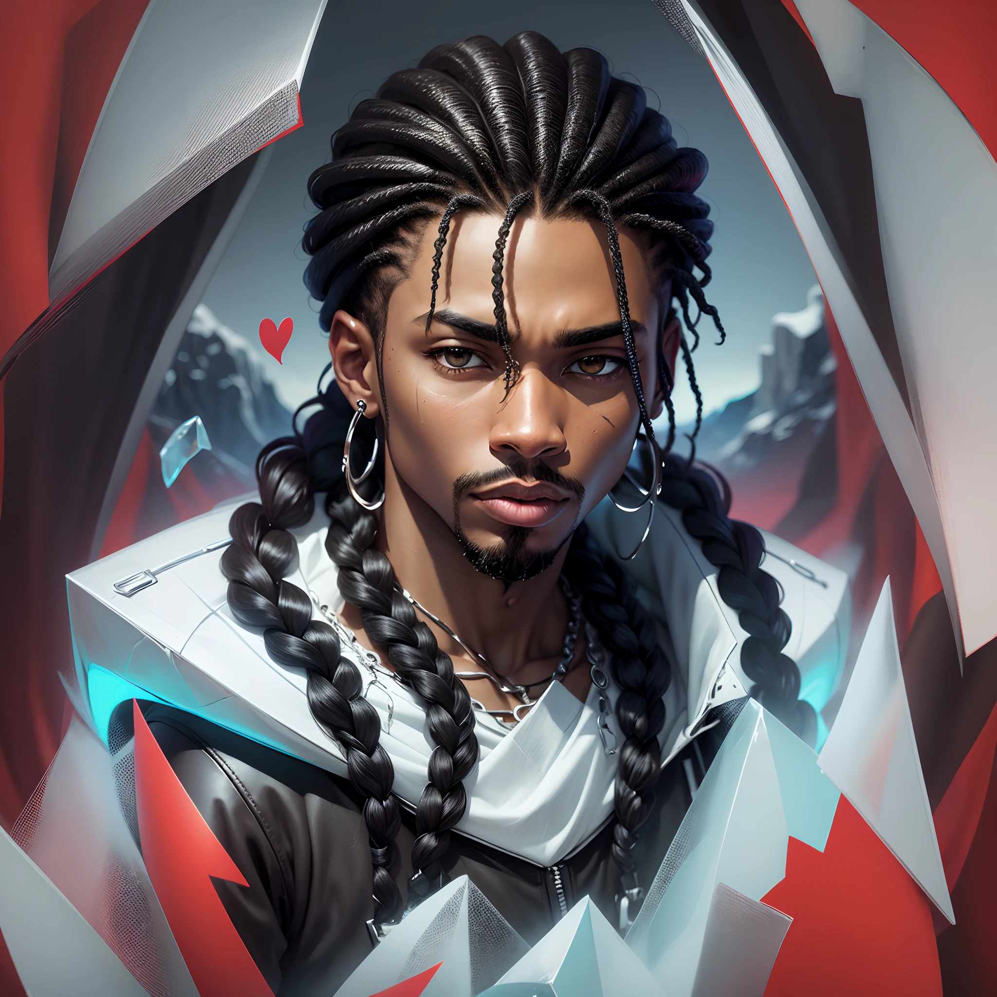 Black rapper man hair with braids and in the background with ice and icebergs with red hearts with a dark but bright mood and the man with a locked face --auto --s2