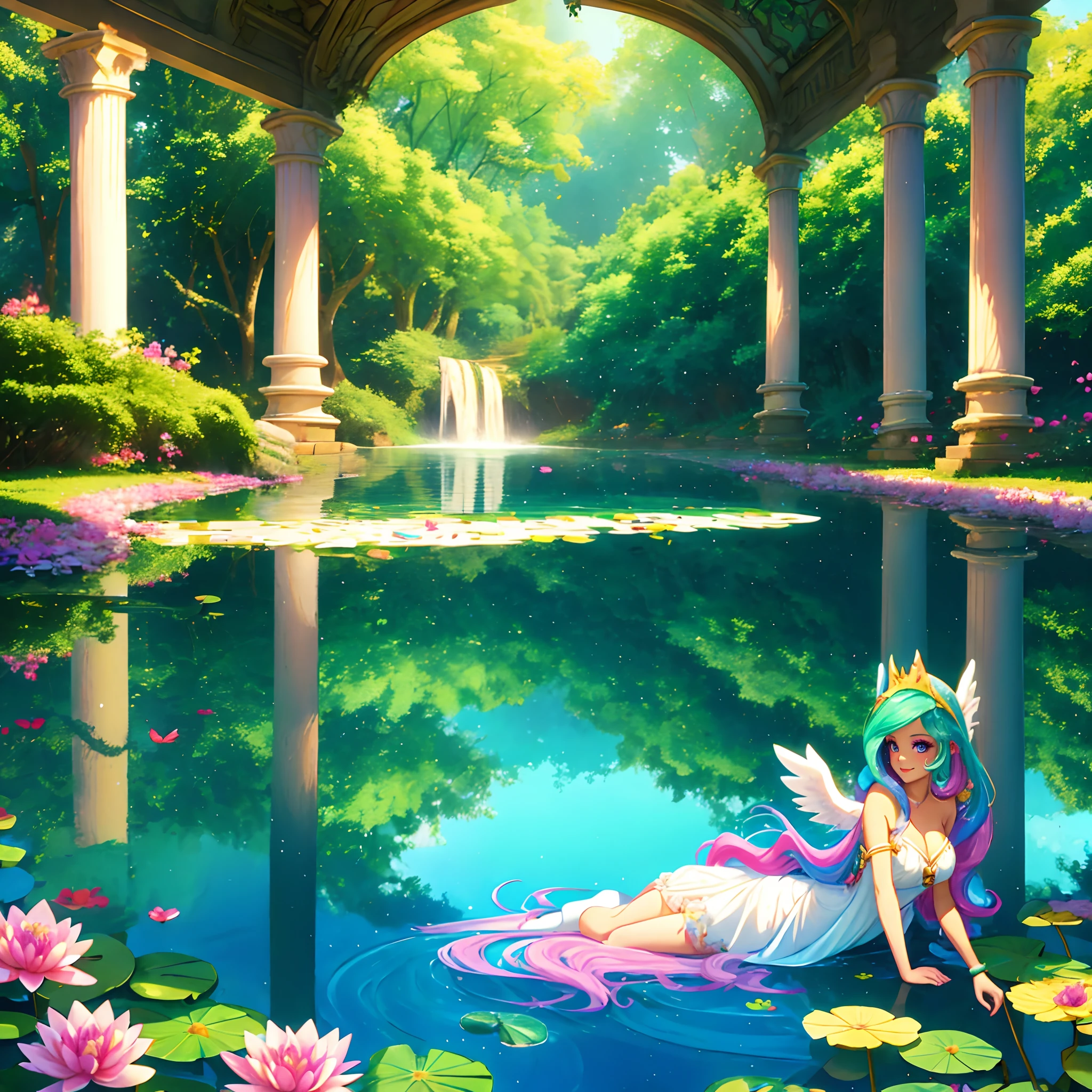 Celestia, celestia from my little pony, celestia in the form of a girl, long wavy hair, pink eyes, lush breast, greek columns, outside, beautiful majestic forest, vine leafs surrounding the columns, bush of flowers everywhere, wear a white goddess dress, knee high boot, white angelic wings, white pony ears, clear sky, bright sunny day, water fall, river, water reflection, lily pads, heavenly forest, long beautiful greek dress