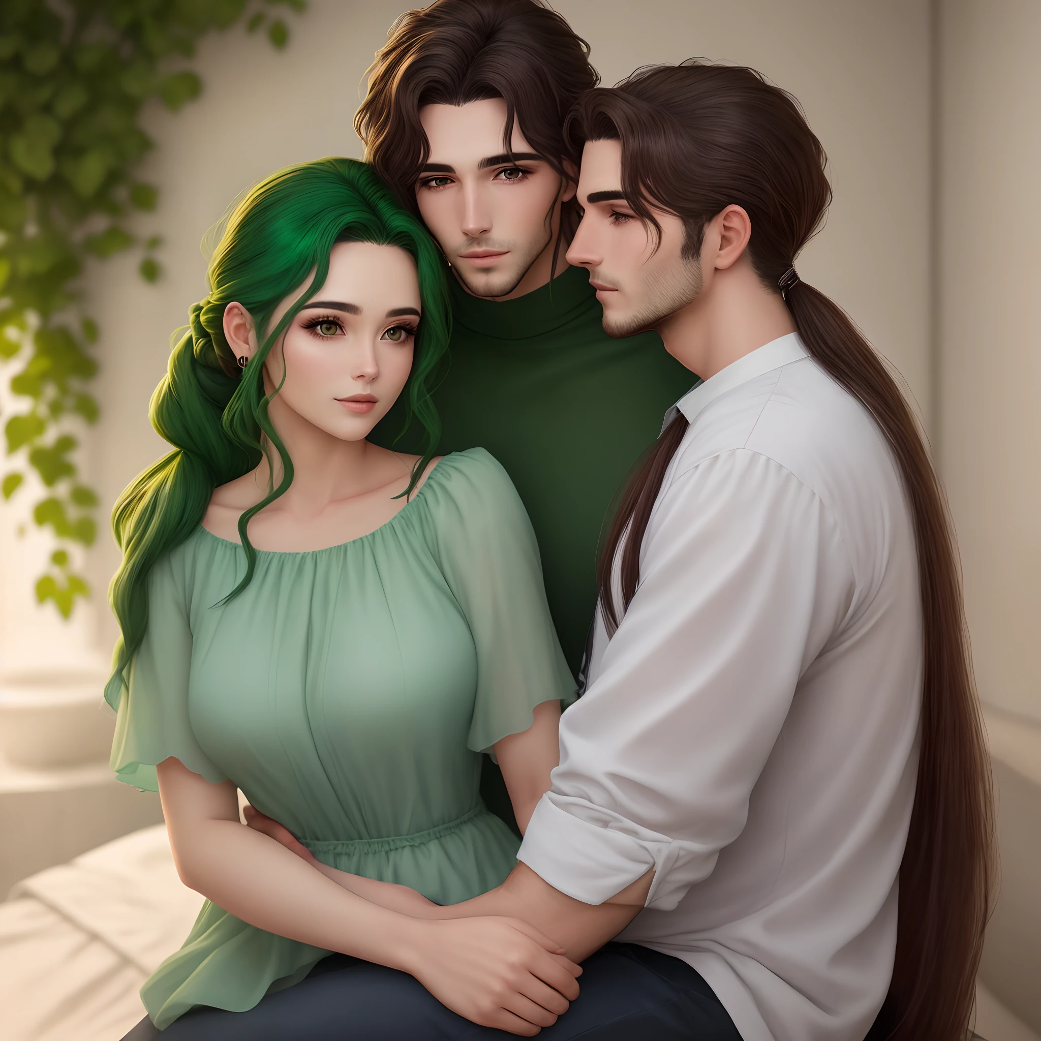 Casal, mulher morena de cabelos curtos e cacheados com sardas no rosto. Man with long hair up to shoulder, olhos verde e castanho, de terno.