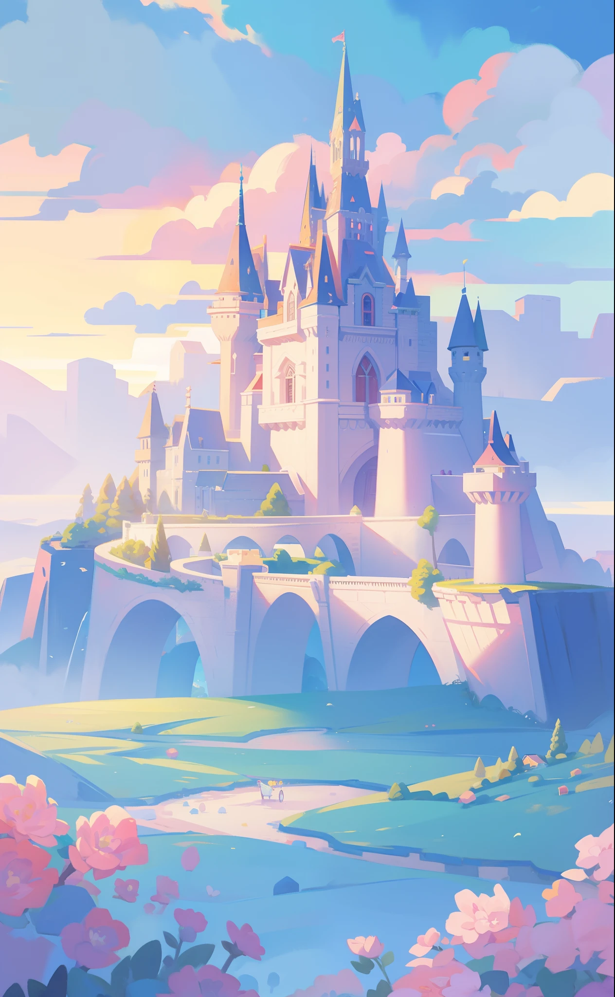 picture book illustration, watercolor storybook illustration, princess castle, fairytale castle, fairytale towers, clouds, vibrant pastel colors, dream, colorful, whimsical, magical, masterpiece, best quality, sharp focus, intricately detailed environment, fine detail, 8k resolution