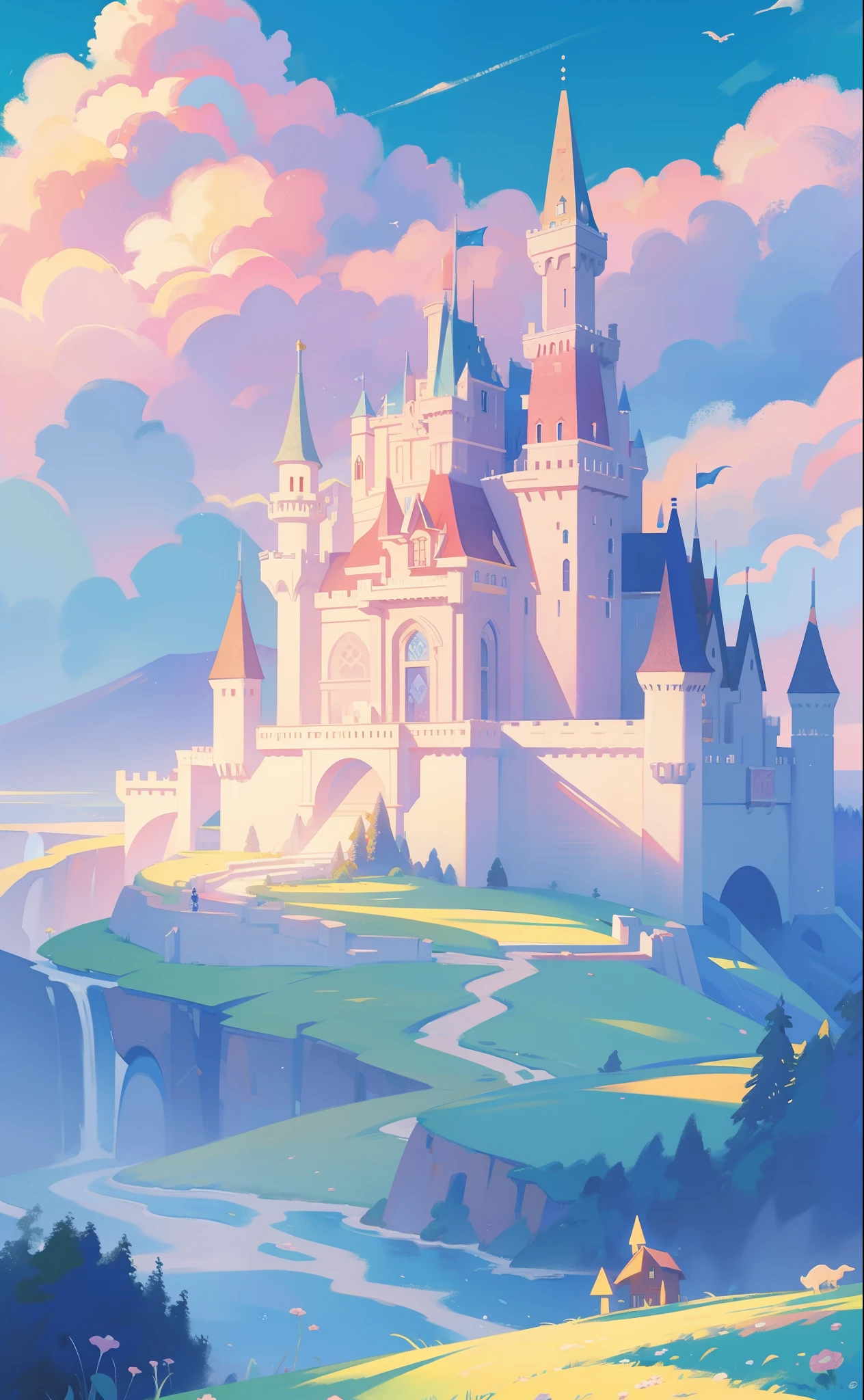 picture book illustration, watercolor storybook illustration, princess castle, fairytale castle, fairytale towers, clouds, vibrant pastel colors, dream, colorful, whimsical, magical, masterpiece, best quality, sharp focus, intricately detailed environment, fine detail, 8k resolution