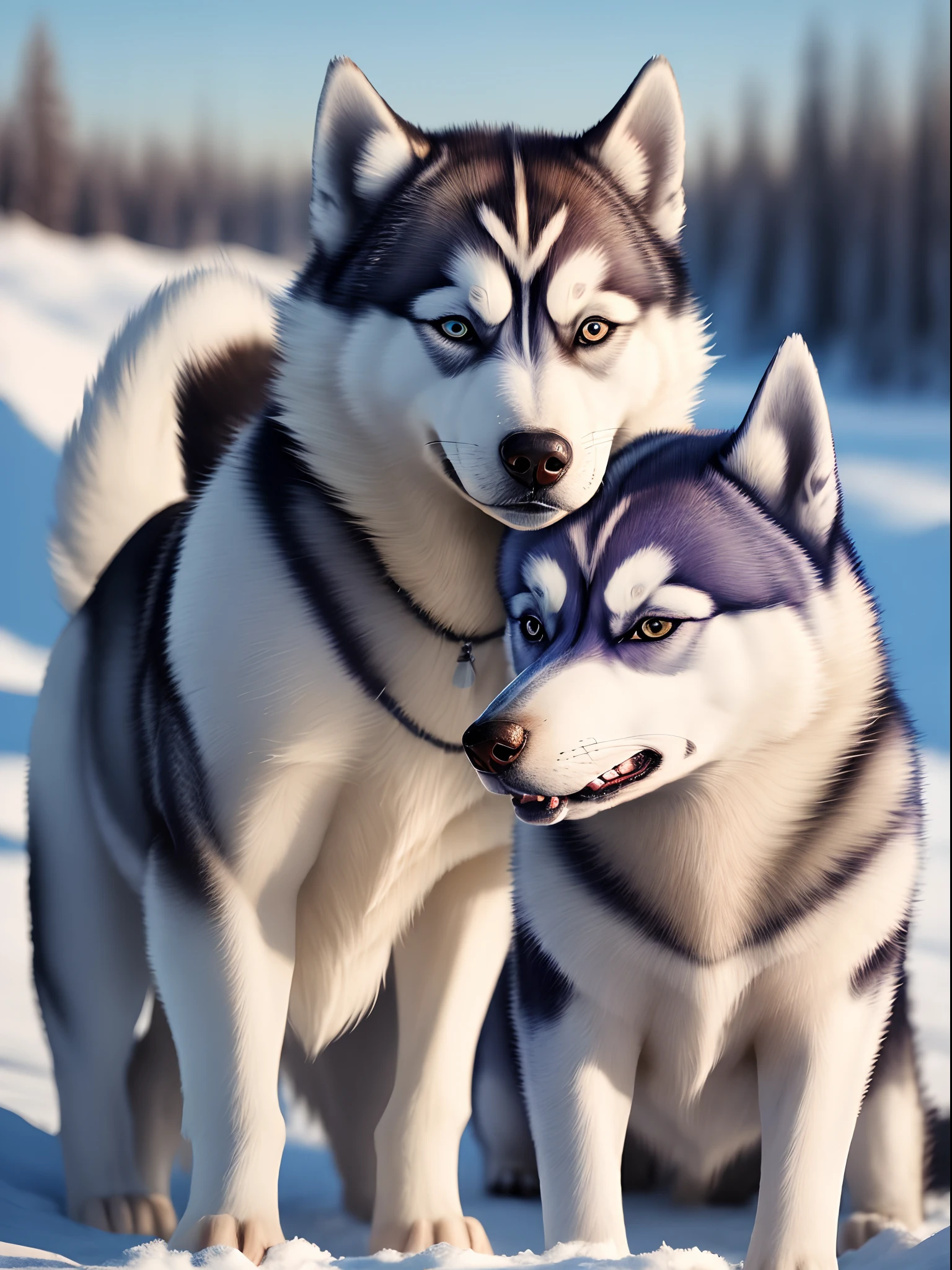 Two husky dogs standing in the snow with their heads close together ...