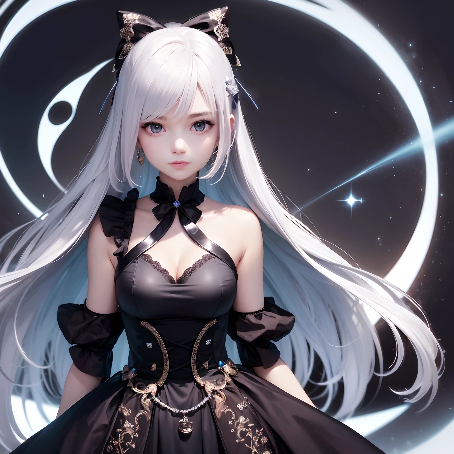 1girl in, Long hair, Bright hair color, Seductive eyes, mysterious expression, mature appearance, Attractive dresses, A flowing dress, Elegant Jewelry, complicated decoration, Magic Symbols, Radial light,Glowing Accessories, potions, sscroll, Cute accent, the bow, bow ribbon, Floral ornament