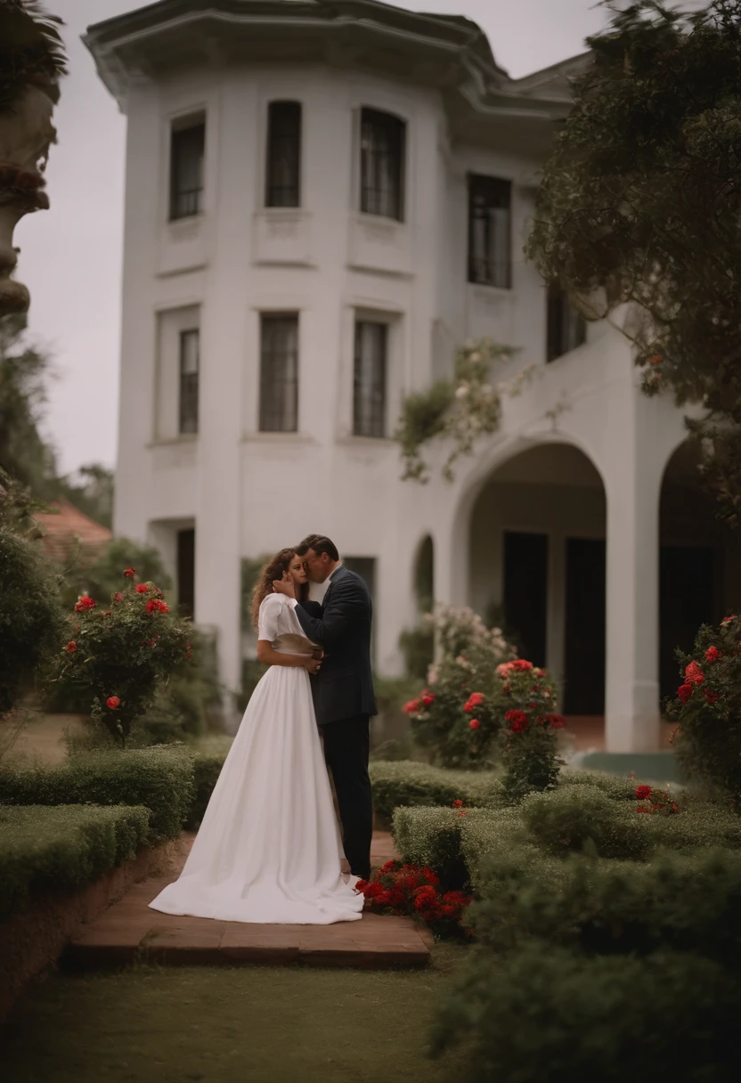 bela casa suburbana americana, Casa Branca, belo jardim verde com rosas vermelhas, Casa com cercas brancas, estilo vintage anos 50, Filme Kodak Portra 400, neblina suave, Misterioso, A man and a woman in front of the house, Couple standing, Vintage clothes from the years a piece of white fabric covering each face