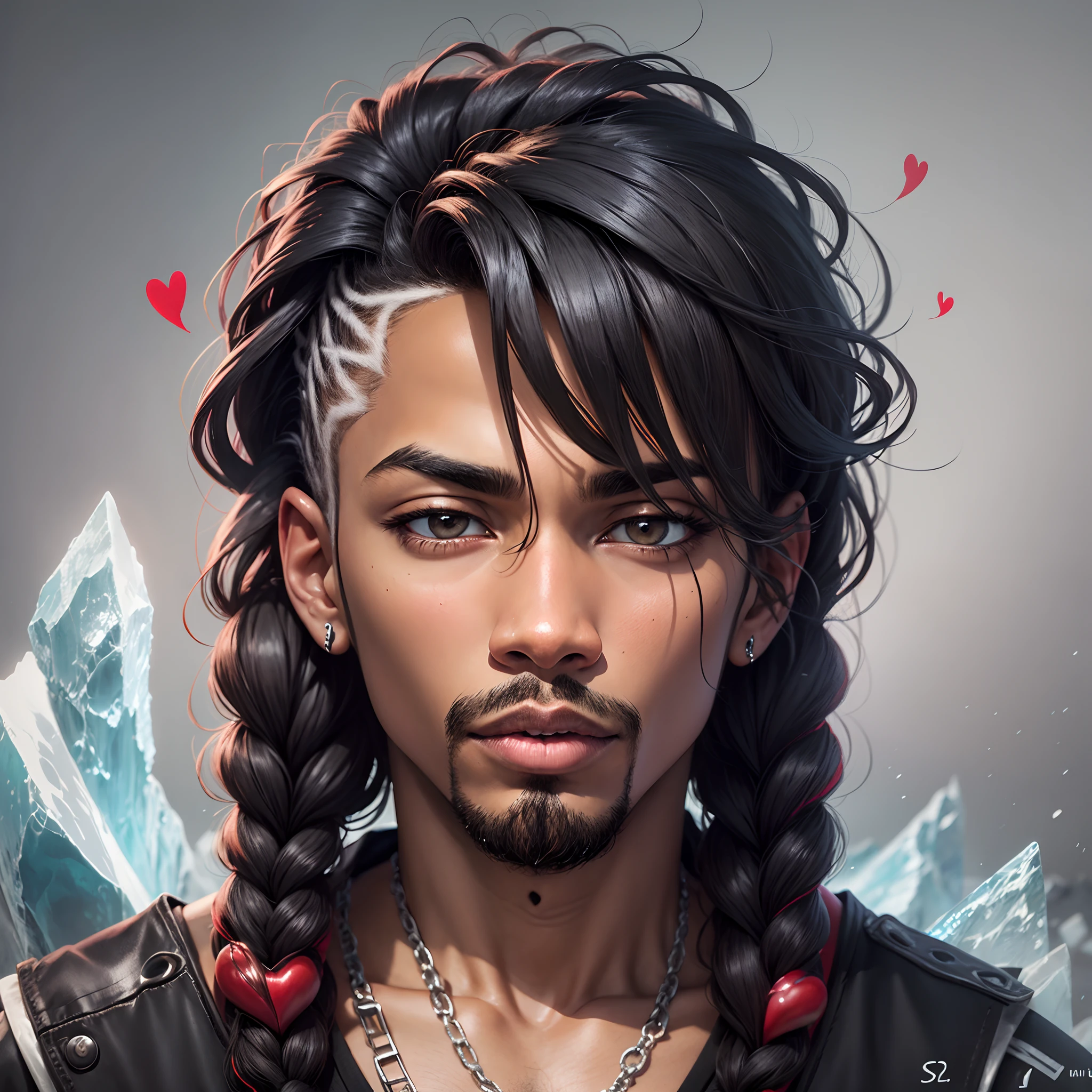 Black rapper man hair with braids and in the background with ice and icebergs with red hearts with a dark but bright mood and the man with a locked face --auto --s2