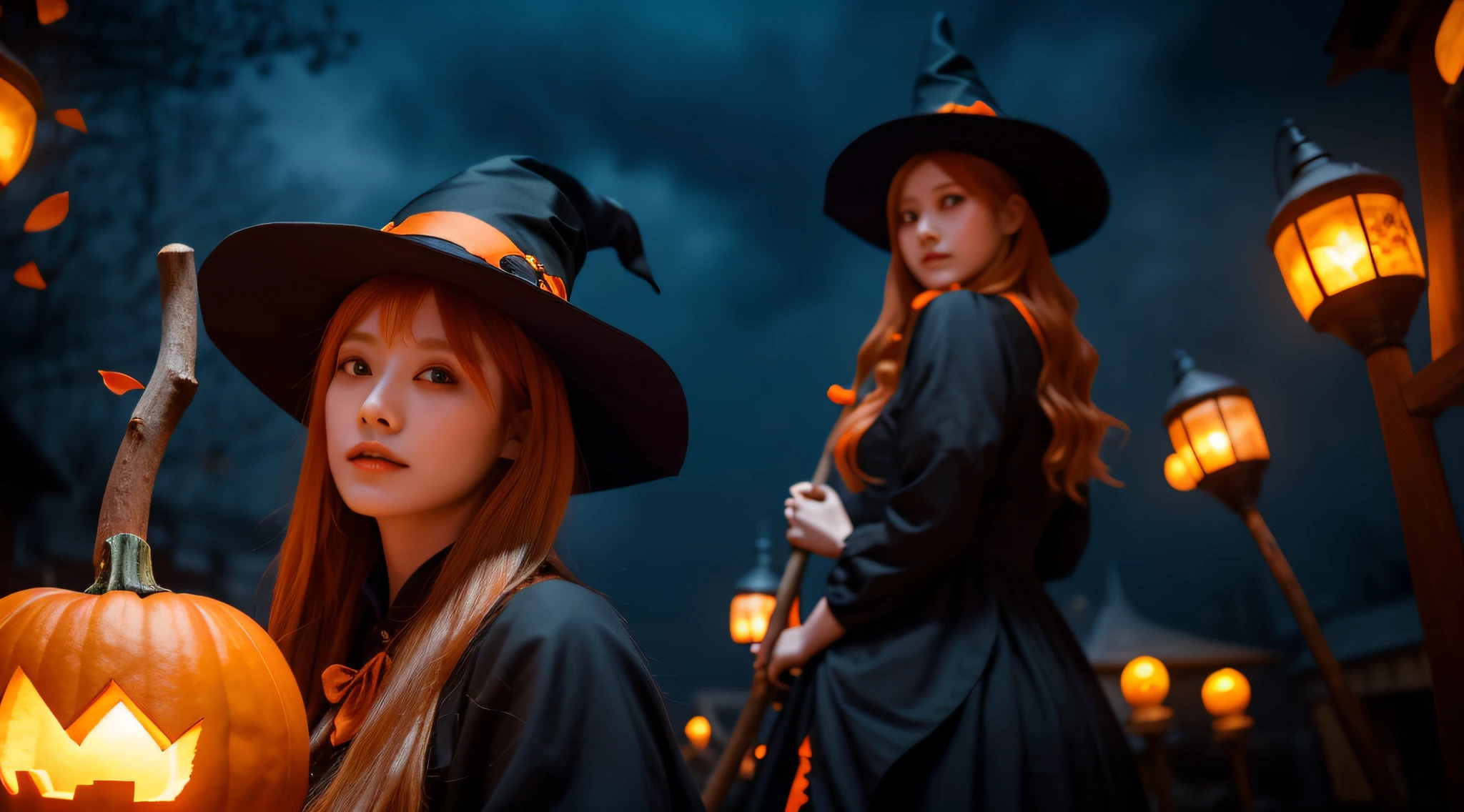 masterpiece, (photorealistic:1.5), raw photo, ultrarealistic, professional photography, best quality, beautiful lighting, real life, nami \(one piece\), 1girl, solo, ultra realistic girl look. beautiful and detailed eyes, two eyelids, beautiful and delicate hands, beautiful and delicate fingers, architecture, cherry blossoms, falling petals, gold, witch outfit with witch dress and witch hat with flowers, girl holds witch's staff, log pose, long hair, looking at viewer, orange hair, petals, solo, tattoo, intricate, high detail, sharp focus, beautiful girl , (32k uhd), Halloween background with castle and pumpkins and cats, (dark atmosphere, strange atmosphere, spooky setting, spooky background with blue and orange lighting, medieval street), dark magic, UHD, random Halloween elements in the background.