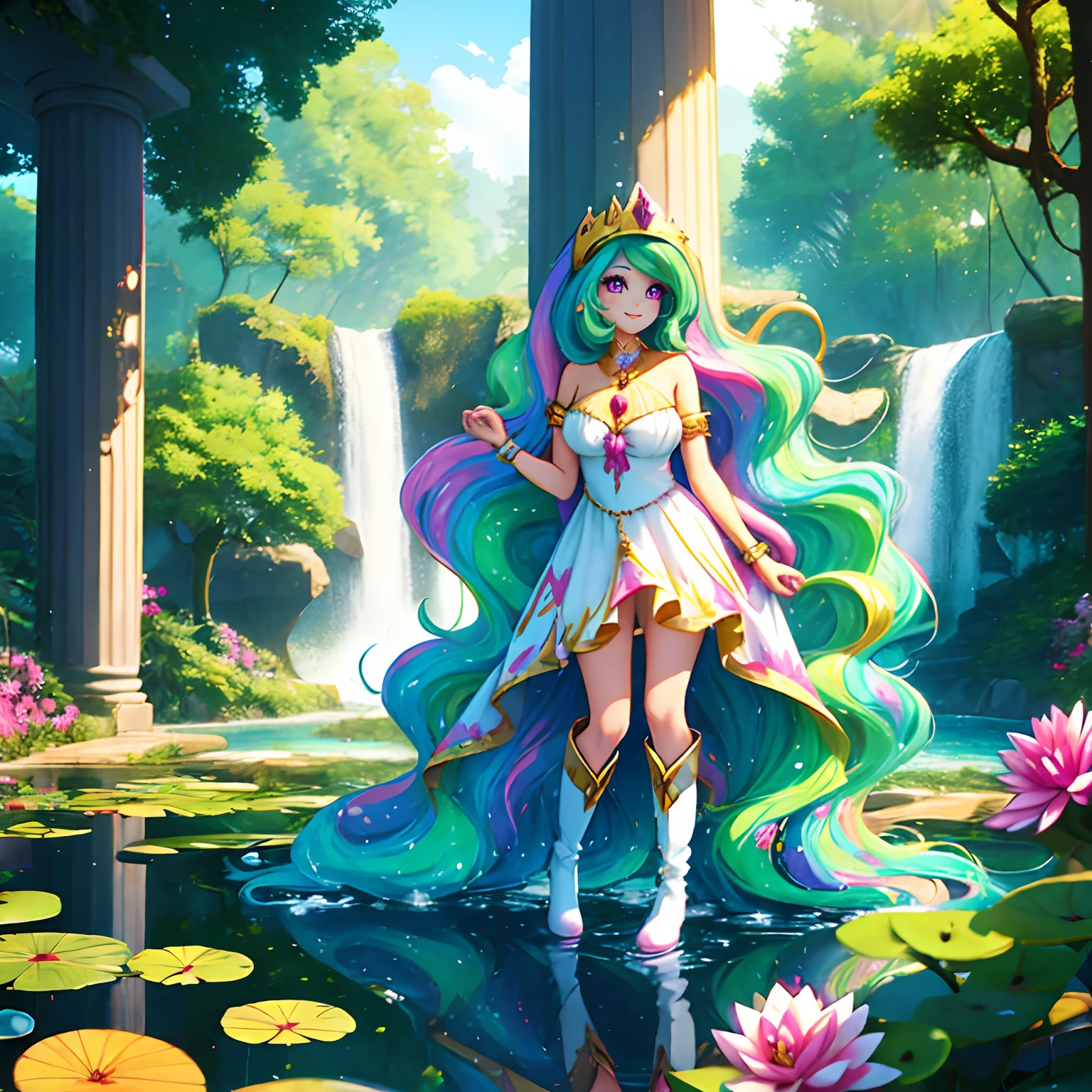 Celestia, celestia from my little pony, celestia in the form of a girl, long wavy hair, pink eyes, lush breast, greek columns, outside, beautiful majestic forest, vine leafs surrounding the columns, bush of flowers everywhere, wear a white goddess dress, knee high boot, white angelic wings, white pony ears, clear sky, bright sunny day, water fall, river, water reflection, lily pads, heavenly forest, long beautiful greek dress