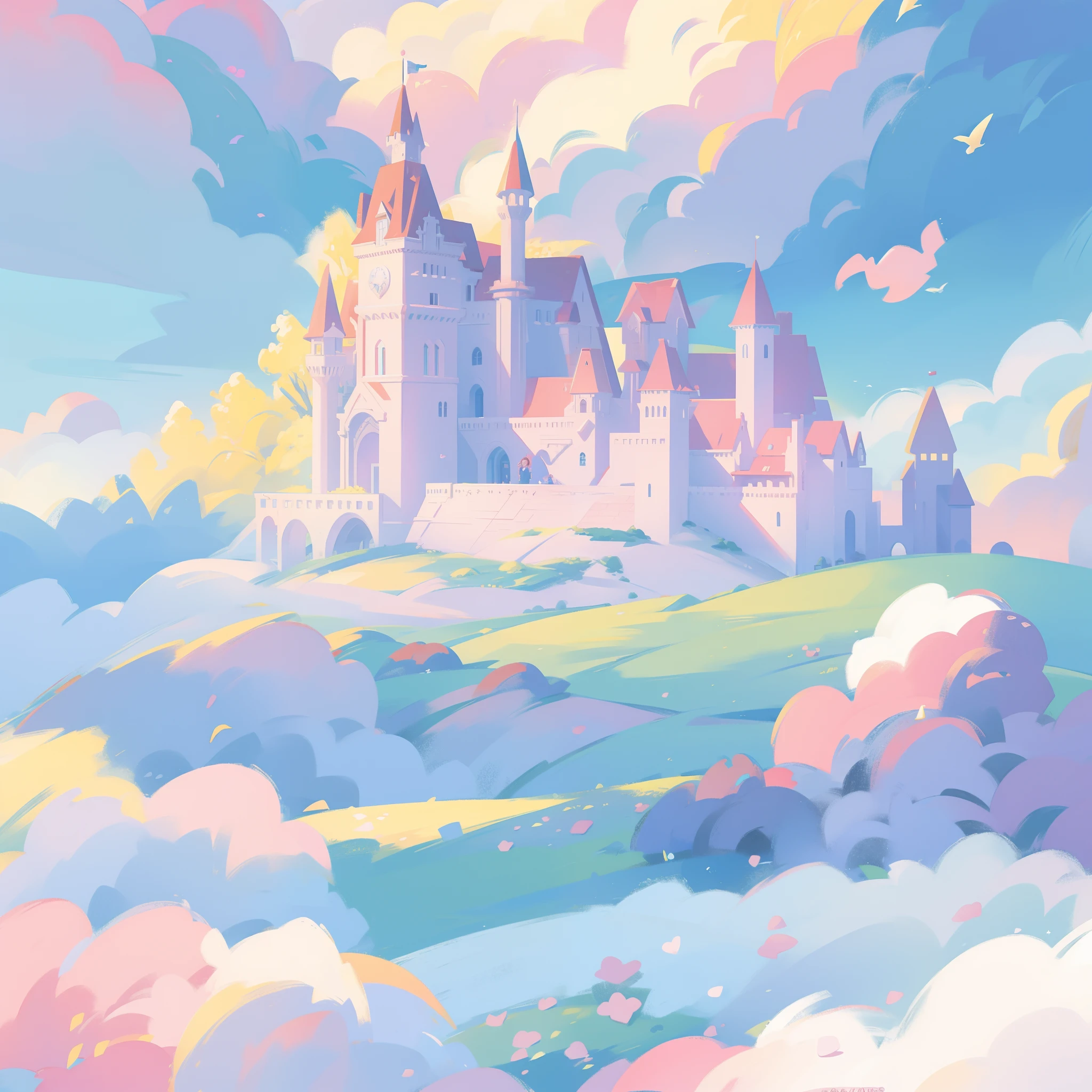 picture book illustration, watercolor storybook illustration, princess castle, fairytale castle, fairytale towers, clouds, vibrant pastel colors, dream, colorful, whimsical, magical, masterpiece, best quality, sharp focus, intricately detailed environment, fine detail, 8k resolution