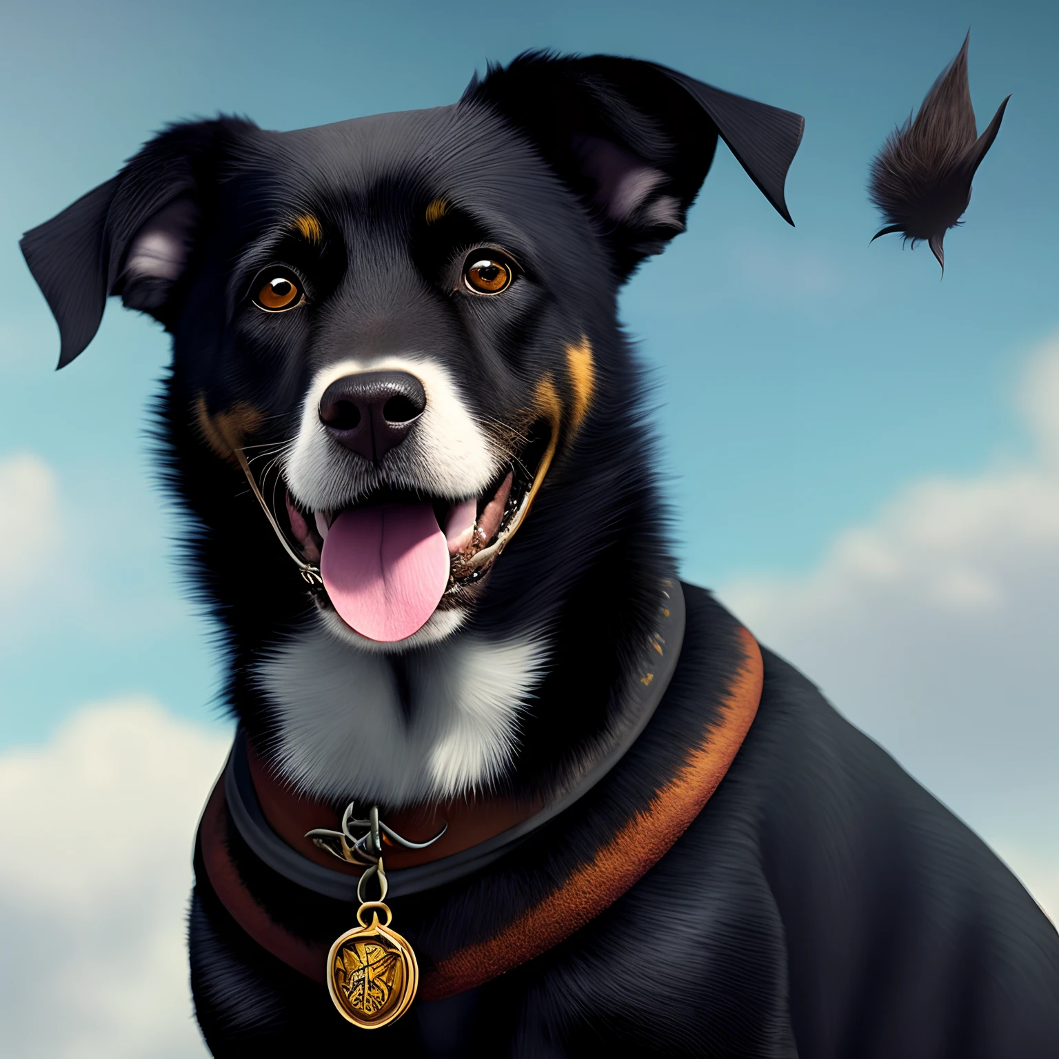 A disney Pixar-inspired movie poster, with title: Captain Sirius. The main character is a black dog, slim body, beautiful and long fur, with only the right eye, the left eye is scarred, he has some white fur around his mouth as he is 6 years old. The dog is wearing a black cape as a witch and Harry Potter- inspired. The dog smiles happily. The scene should be in the distinct digital art style of Pixar, with a focus on character expressions, vibrant colors, and detailed textures that are characteristic on the animations, with the title (Captain Sirius)