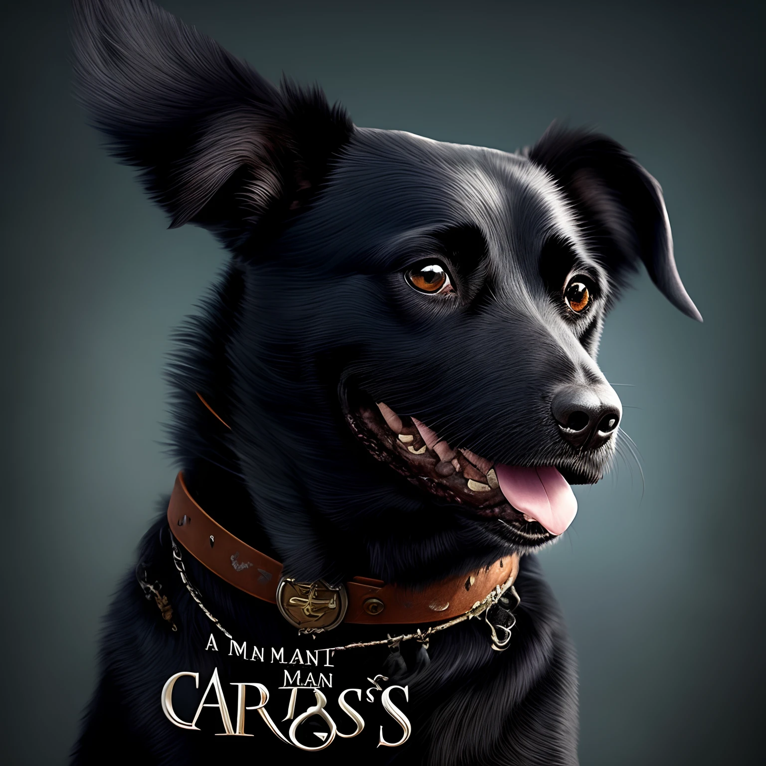 A disney Pixar-inspired movie poster, with title: Captain Sirius. The main character is a black dog, slim body, beautiful and long fur, with only the right eye, the left eye is scarred, he has some white fur around his mouth as he is 6 . The dog is wearing a black cape as a witch and Harry Potter- inspired. The dog smiles happily. The scene should be in the distinct digital art style of Pixar, with a focus on character expressions, vibrant colors, and detailed textures that are characteristic on the animations, with the title (Captain Sirius)