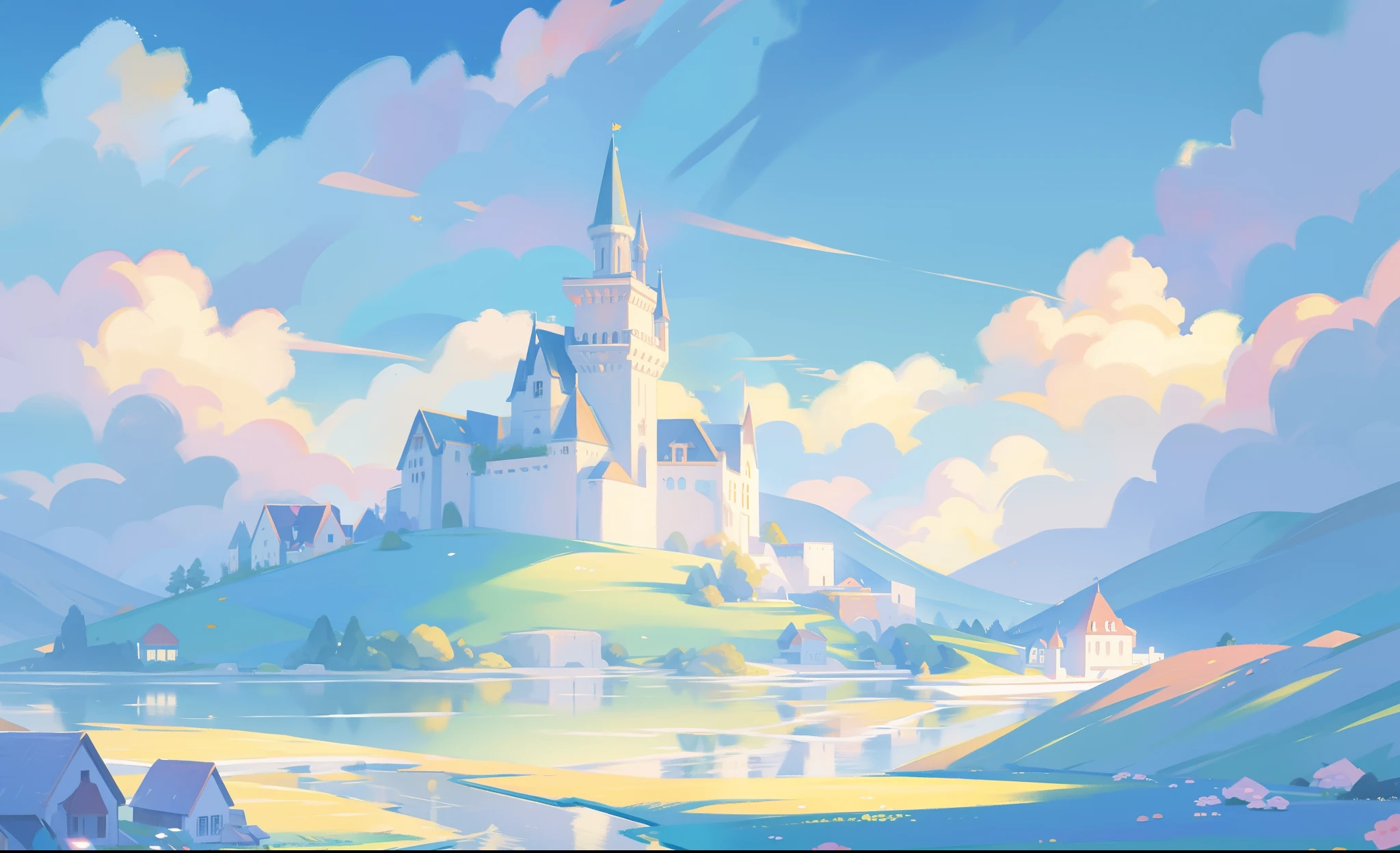 picture book illustration, watercolor storybook illustration, princess castle, fairytale castle, fairytale towers, clouds, vibrant pastel colors, dream, colorful, whimsical, magical, masterpiece, best quality, sharp focus, intricately detailed environment, fine detail, 8k resolution