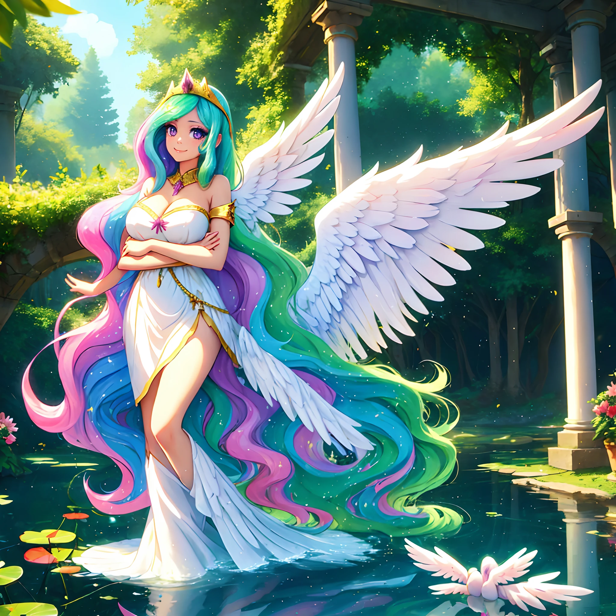 Celestia, celestia from my little pony, celestia in the form of a girl, long wavy hair, pink eyes, lush breast, greek columns, outside, beautiful majestic forest, vine leafs surrounding the columns, bush of flowers everywhere, wear a white goddess dress, knee high boot, white angelic wings, white pony ears, clear sky, bright sunny day, water fall, river, water reflection, lily pads, heavenly forest, long beautiful greek dress, ((big white angelic wings))