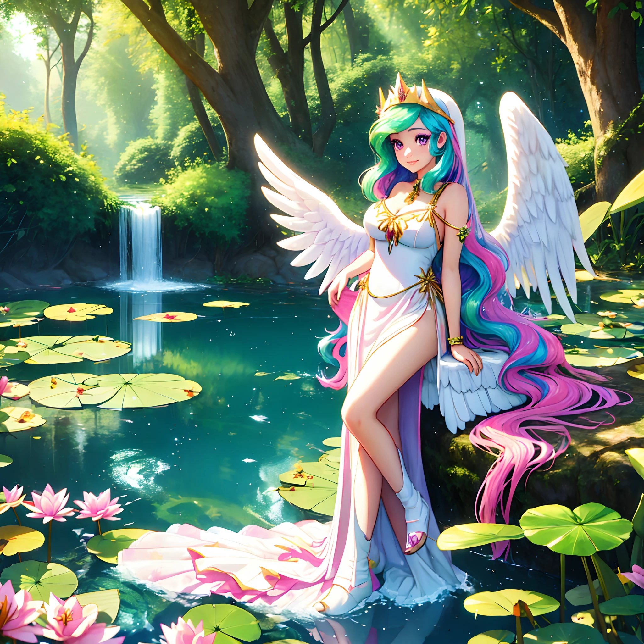 Celestia, celestia from my little pony, celestia in the form of a girl, long wavy hair, pink eyes, lush breast, greek columns, outside, beautiful majestic forest, vine leafs surrounding the columns, knee high boot, white angelic wings, white pony ears, clear sky, bright sunny day, water fall, river, water reflection, lily pads, heavenly forest, ((big white angelic wings)), tetas desnudas, trasero desnudo, vagina desnuda