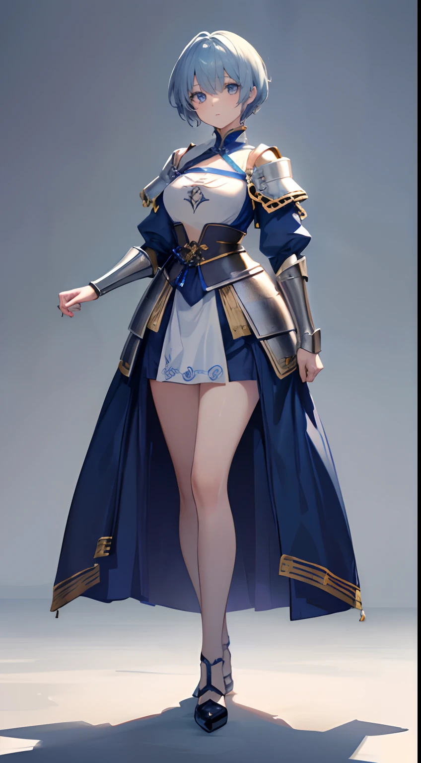 Solo,Absurd resolution、hight resolution、(masterpiece:1.4)、ultra-detailliert、(Detailed finger),(One girl)、Beautiful detailed girl、A detailed face、clear and beautiful, Character as the main point of view, Radiant skin, Girls, femele, 年轻, (blue hairs),(shorth hair),(short-cut),(Shortcut Hair),(blue eyess)kawaii、beautiful countenance、beautidful eyes,((knights))、Fantasy costume,Original Character,((Wearing armor)),((Costumes of medieval Europe)),,(Colossal tits:0.7), (Facing:1.2),(Full body portrait),(Standing:1.3),(shoes on),Simple background、((white backgrounid))