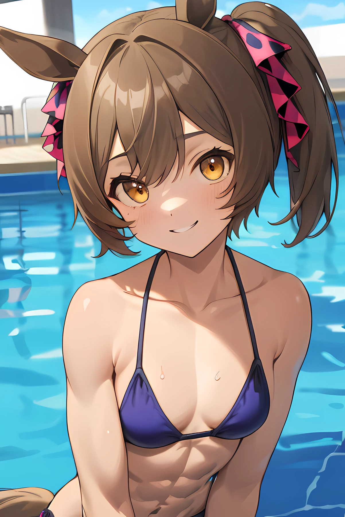 smart falcon \(umamusume\), masterpiece, best quality, (ultra-detailed face), (muscular slender girl), abs, upper body, plain bikini, horse tail, pool, smile, detailed clear eyes, frontage