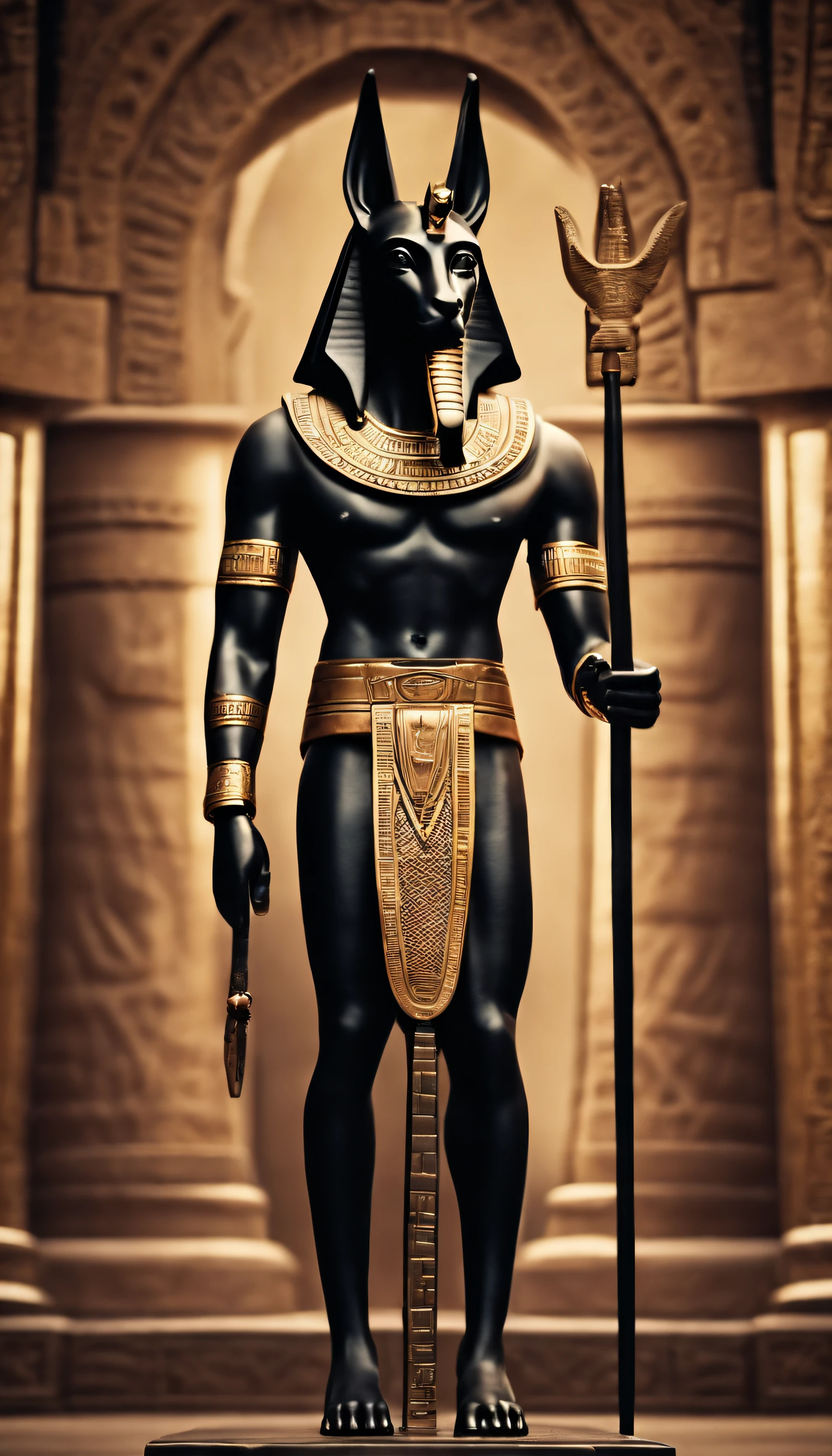 Dios egipcio Anubis caminando en egipto antiguo, , ankh en su mano del Dios