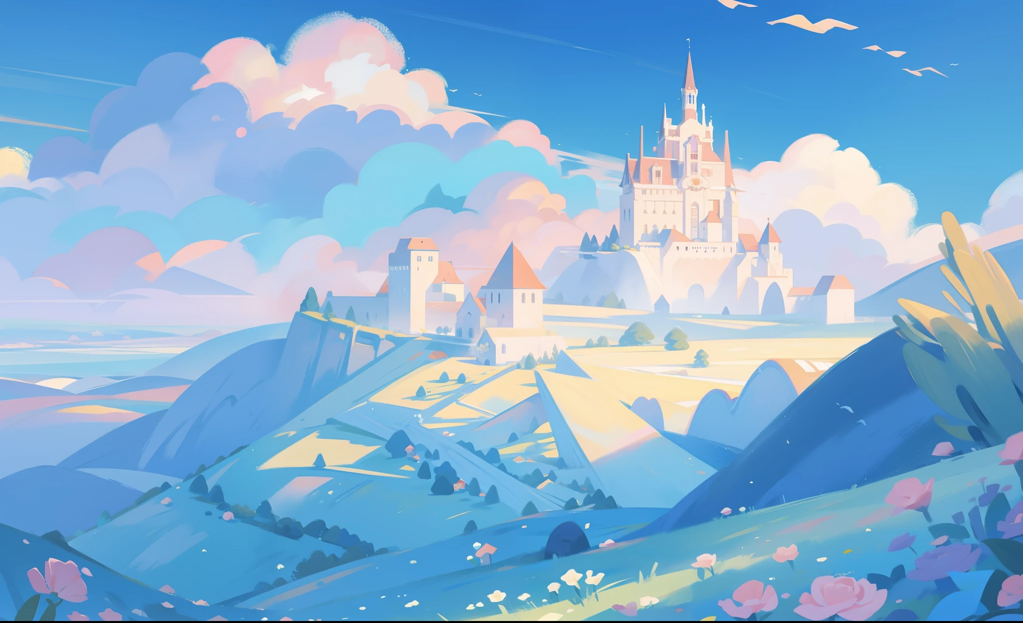picture book illustration, watercolor storybook illustration, princess castle, fairytale castle, fairytale towers, clouds, vibrant pastel colors, dream, colorful, whimsical, magical, masterpiece, best quality, sharp focus, intricately detailed environment, fine detail, 8k resolution
