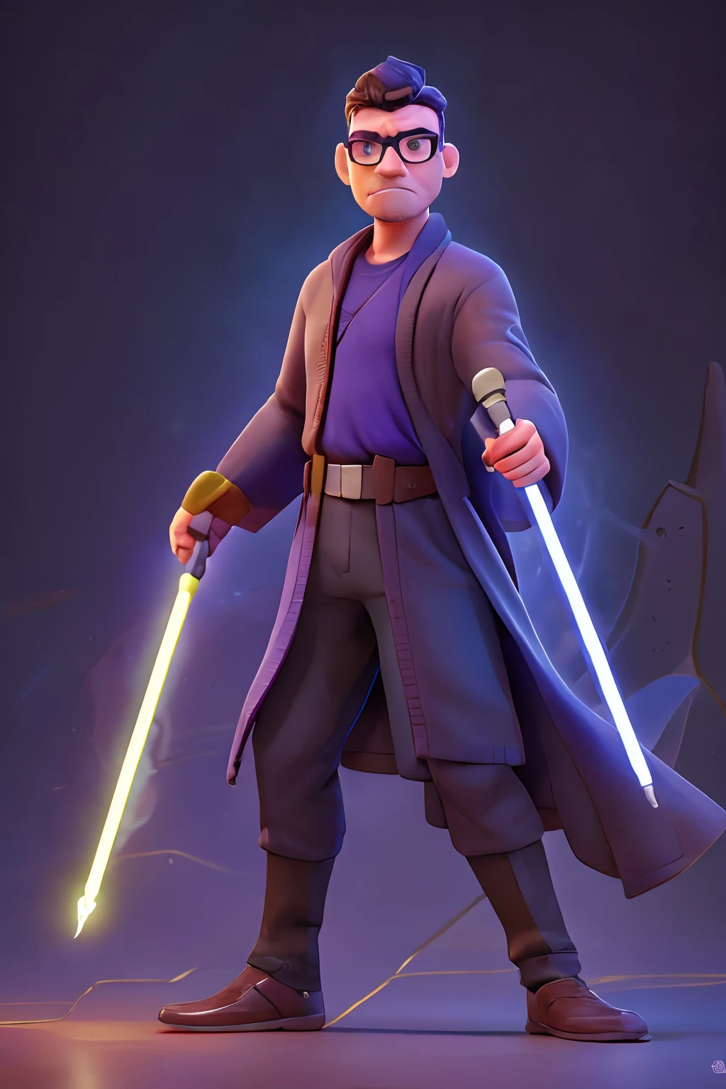 Create a full-body 3D illustration in the style of Disney Pixar featuring a man with glasses wearing the Jedi Knight attire from Star Wars and wielding a lightsaber. The character stands in a confident pose, facing the camera, with a heavily blurred background. The design should emphasize intricate details and vibrant colors.