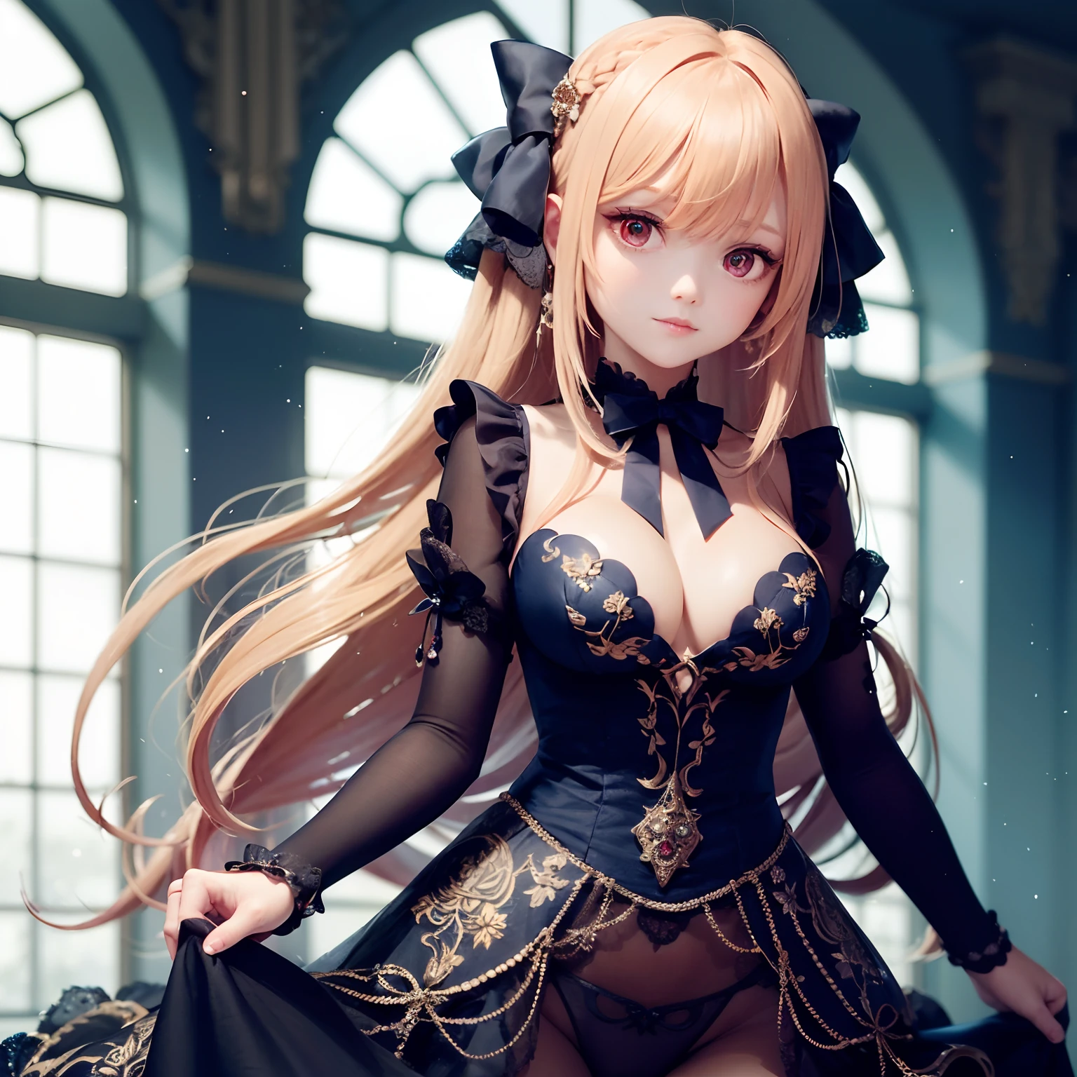 1girl in, Long hair, Bright hair color, Seductive eyes, mysterious expression, mature appearance, Attractive dresses, A flowing dress, Elegant Jewelry, complicated decoration, Magic Symbols, Glowing Accessories, potions, sscroll, Cute accent, the bow, bow ribbon, Floral ornament,Red eyes