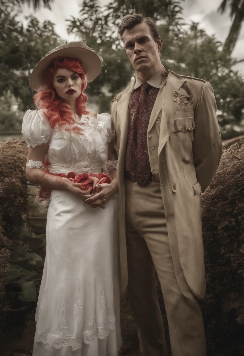 Fotografia Vintage, bela casa suburbana americana, Casa Branca, belo jardim com rosas vermelhas, Casa com cercas brancas, estilo vintage anos 50, soft mist, misterioso, Um homem e uma mulher na frente da casa, Couple standing, roupas vintage dos anos 50, A piece of bloody white fabric covering their faces