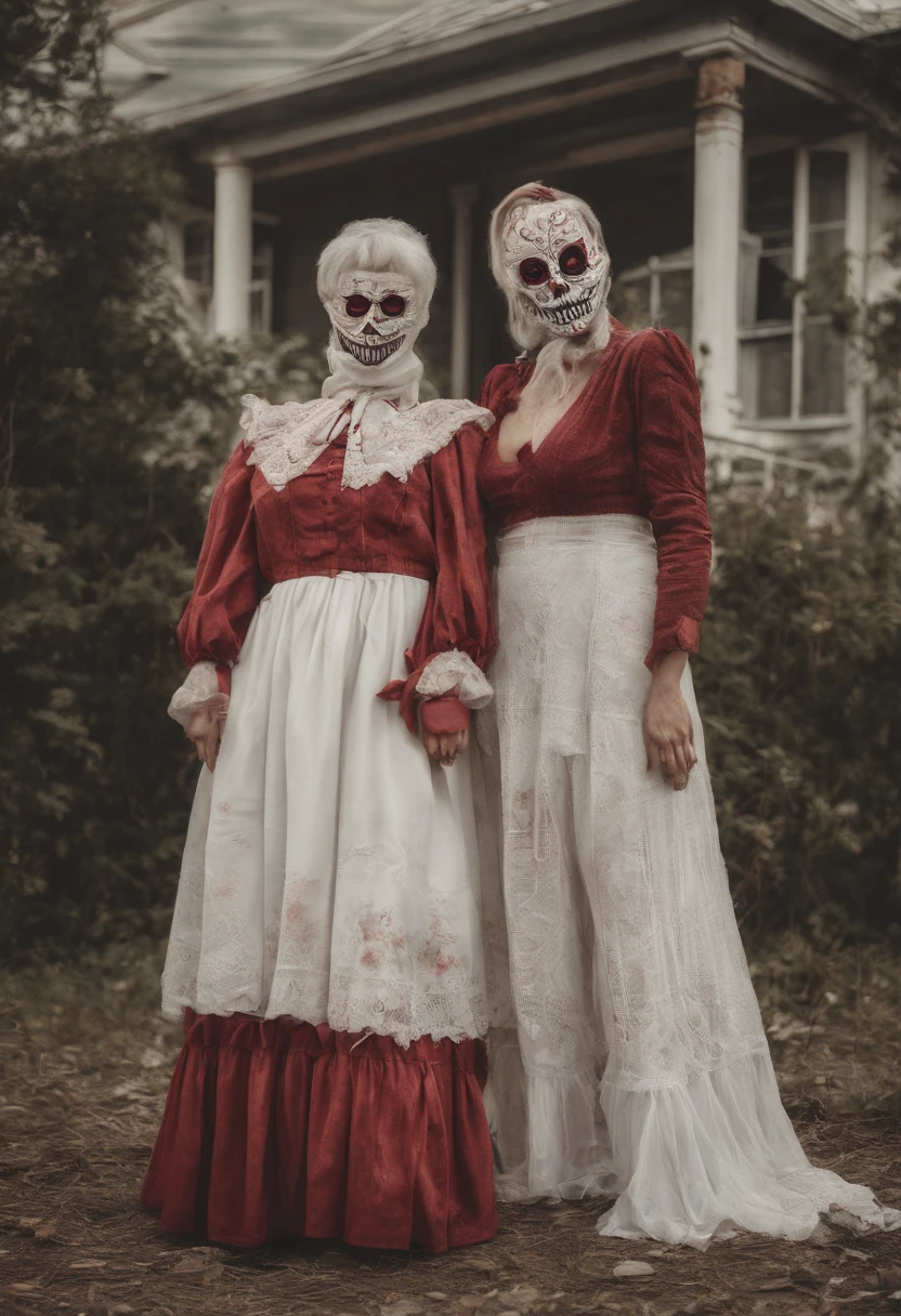 Fotografia Vintage, bela casa suburbana americana, Casa Branca, belo jardim com rosas vermelhas, Casa com cercas brancas, estilo vintage anos 50, soft mist, misterioso, Um homem e uma mulher na frente da casa, Couple standing, roupas vintage dos anos 50, A piece of bloody white fabric covering their faces