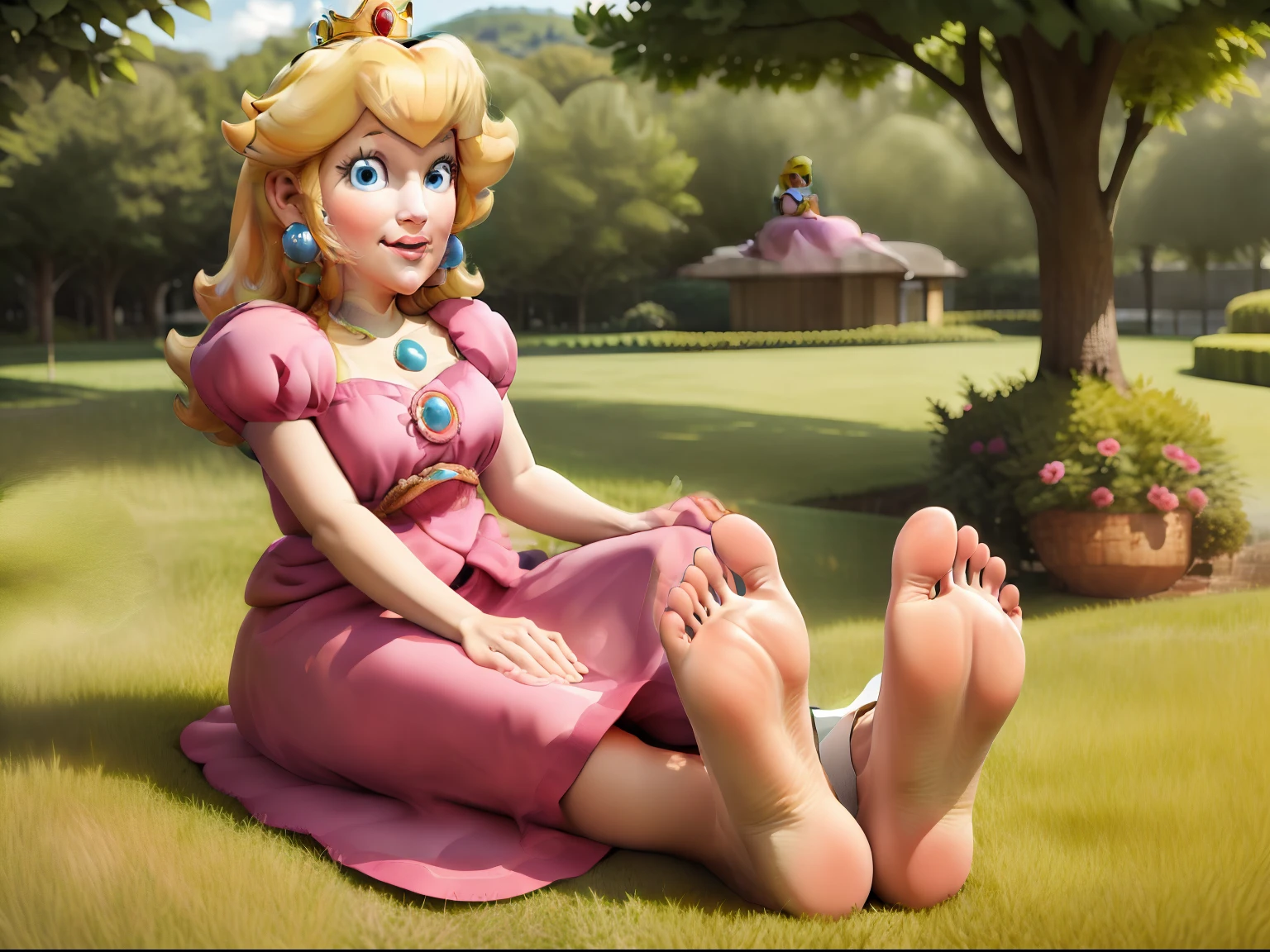 Best quality, Princess Peach smiling, sitting on a picnic blanket in her sunny royal garden, wearing her pink dress, focus on her upturned bare feet, and discarded shoes.