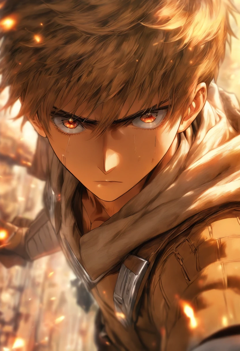 (best quality,4k,8k,highres,masterpiece:1.2),ultra-detailed,(realistic,photorealistic,photo-realistic:1.37),aot style, portraits, bright and vivid colors, intense lighting, 1boy featuring
beautifully rendered ambar eyes with intricate details, striking red hair with a realistic texture, closed mouth conveying a sense of determination, looking directly at the viewer with a captivating gaze that demands attention, wearing a Survey Corps uniform tailored with precision and exquisite detail, short hair styled in a modern and fashionable manner, placed against a simple background that enhances the focus on the character, exuding a powerful aura of strength and resilience, representing the heroic spirit of the Survey Corps, in a solo composition that emphasizes the character's individuality and importance, young boy, 23 years