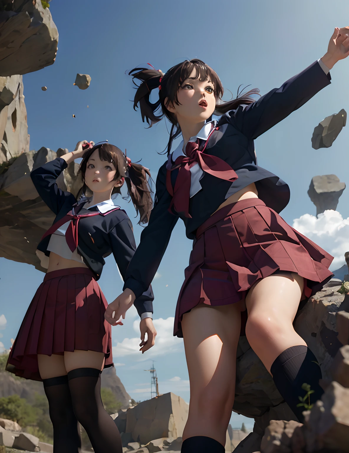 twins,school girl,japanese,same clothes,falling rocks,anime,(best quality,4k,8k,highres,masterpiece:1.2),ultra-detailed,(realistic,photorealistic,photo-realistic:1.37),portraits,vivid colors,lighting