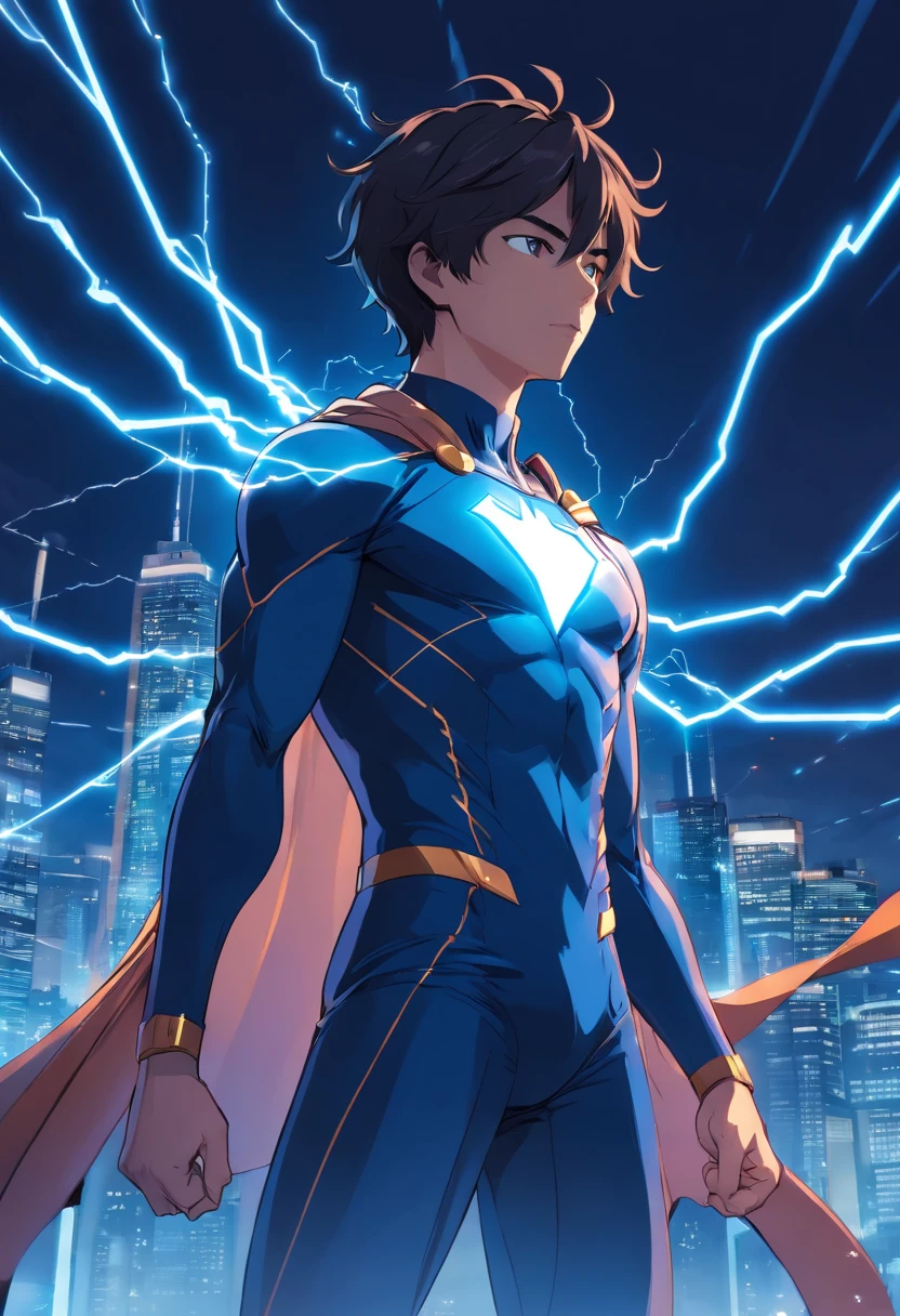 A male superhero, 26 Years Old, con traje negro y azul, lineas marcadas con electricidad, un rayo en el pecho