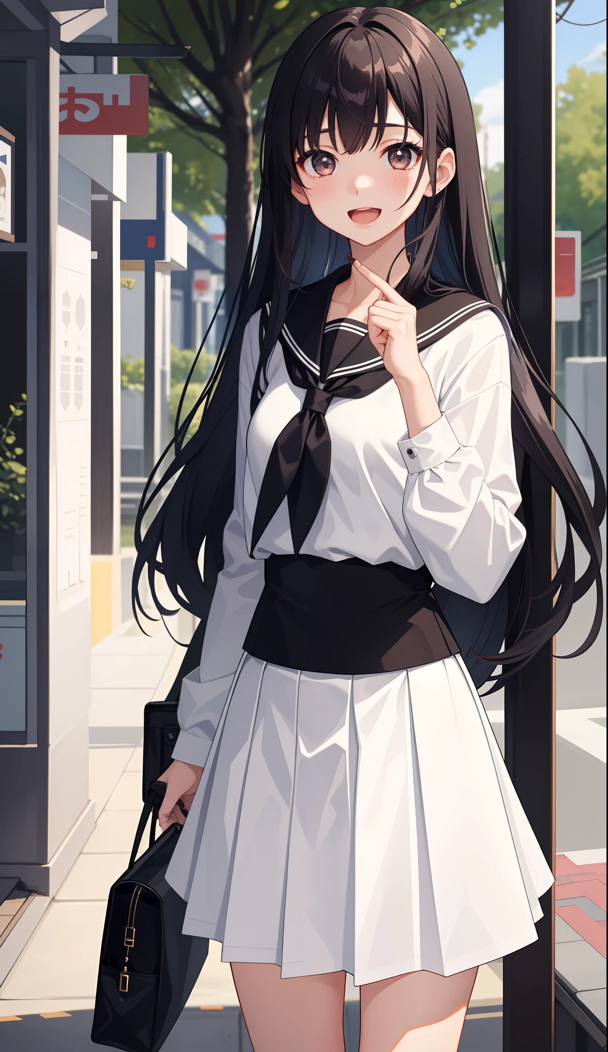 1girl in、AS-Adult、A smile、open open mouth、、be shy、The shirt、skirt by the、(small tits)Japan High School、校服、serafuku、Walking with a thigh、Upper body portrait、