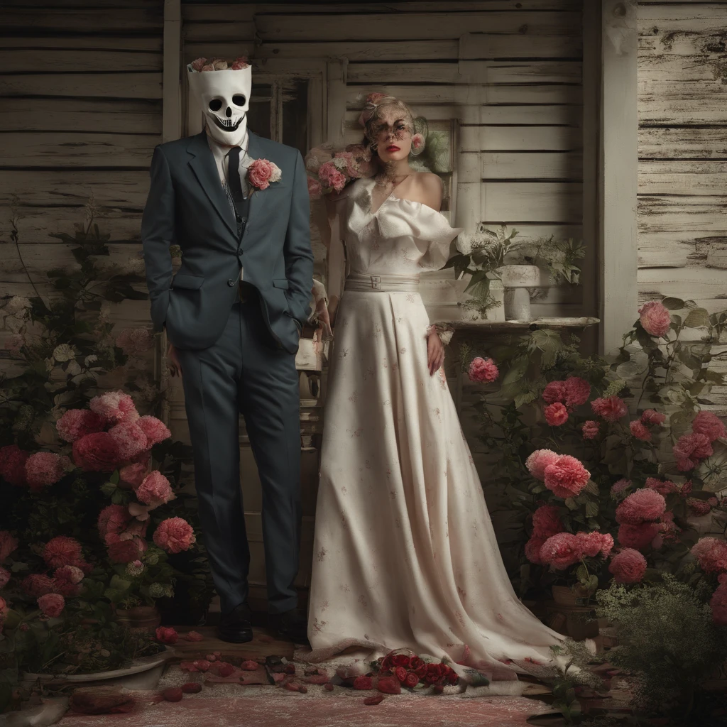 Fotografia Vintage, lente 55mm, bela casa suburbana americana, Casa Branca, belo jardim com rosas vermelhas, Casa com cercas brancas, estilo vintage anos 50, soft mist, misterioso, Um homem e uma mulher na frente da casa, Couple standing, roupas vintage dos anos 50, A piece of bloody white fabric covering their faces