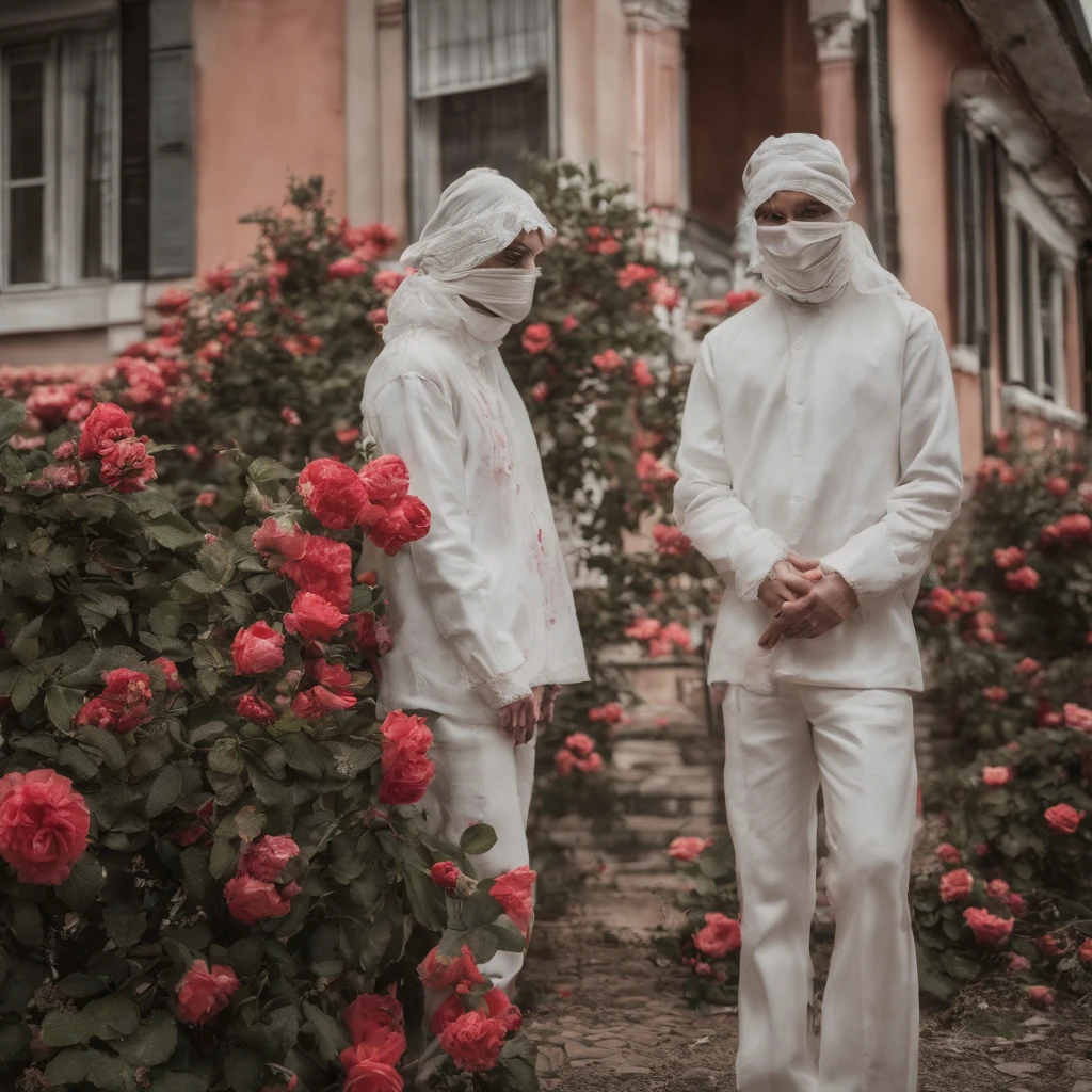Fotografia Vintage, lente 55mm, bela casa suburbana americana, Casa Branca, belo jardim com rosas vermelhas, Casa com cercas brancas, estilo vintage anos 50, soft mist, misterioso, Um homem e uma mulher na frente da casa, Couple standing, roupas vintage dos anos 50, A piece of bloody white fabric covering their faces