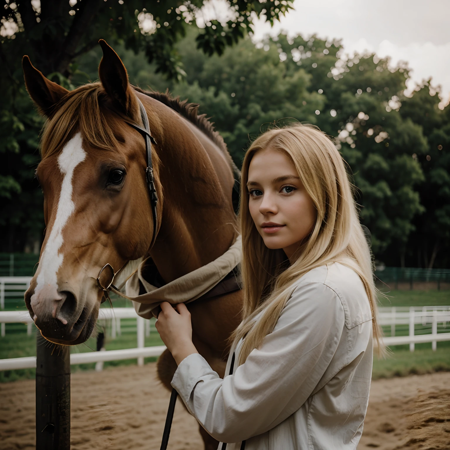 ((high resolution)), ((pale skin)), freckled, brunette,cute baby face ukrainian lolita ((12 year old)) sexy ukrainian young girl, anna hateway , with blue eyes, blushing cheeks, wavy hair, smiling, colosal busty massive size , as a fantasy druid, horse behind, horse 
